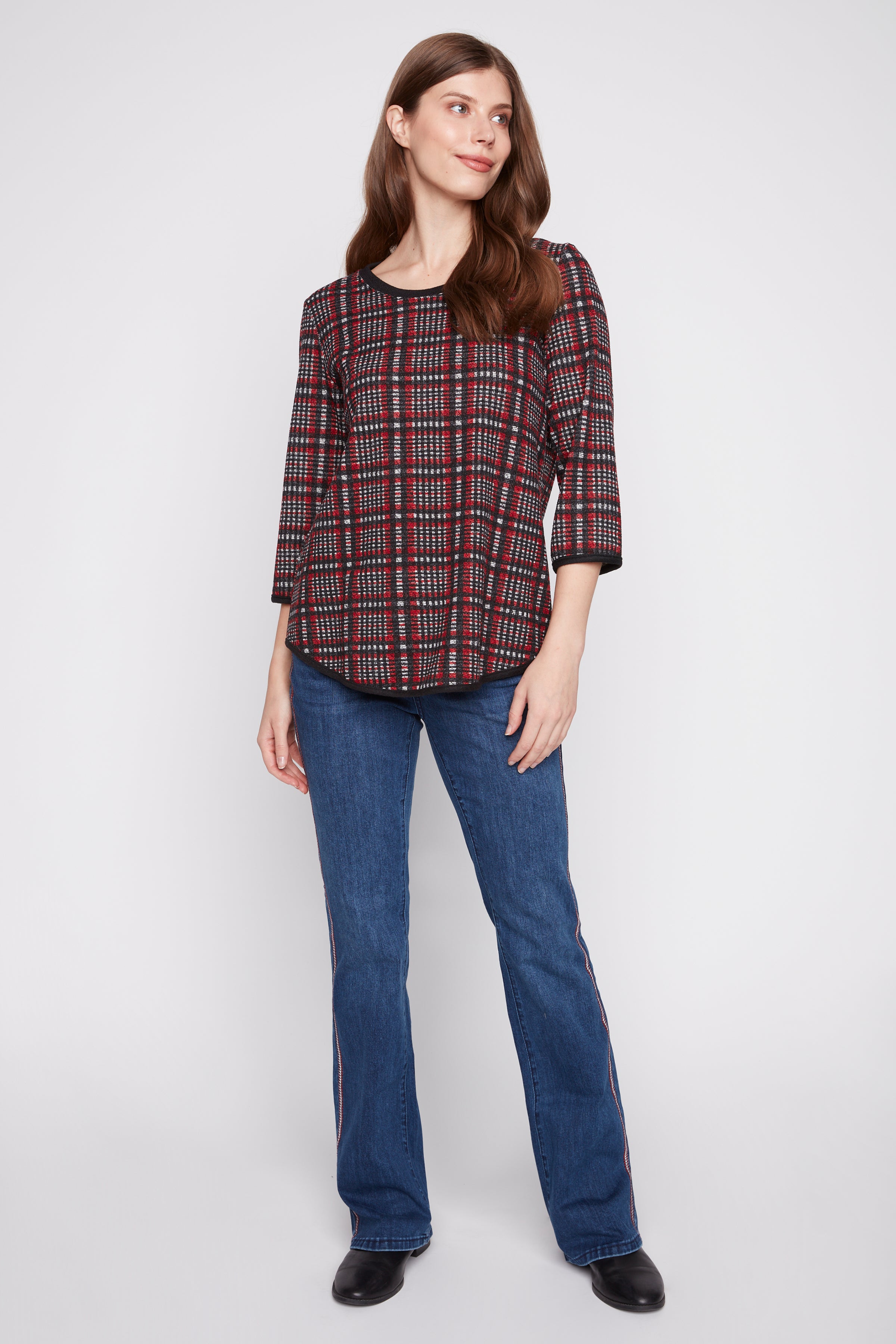 Plaid top with contrast trim