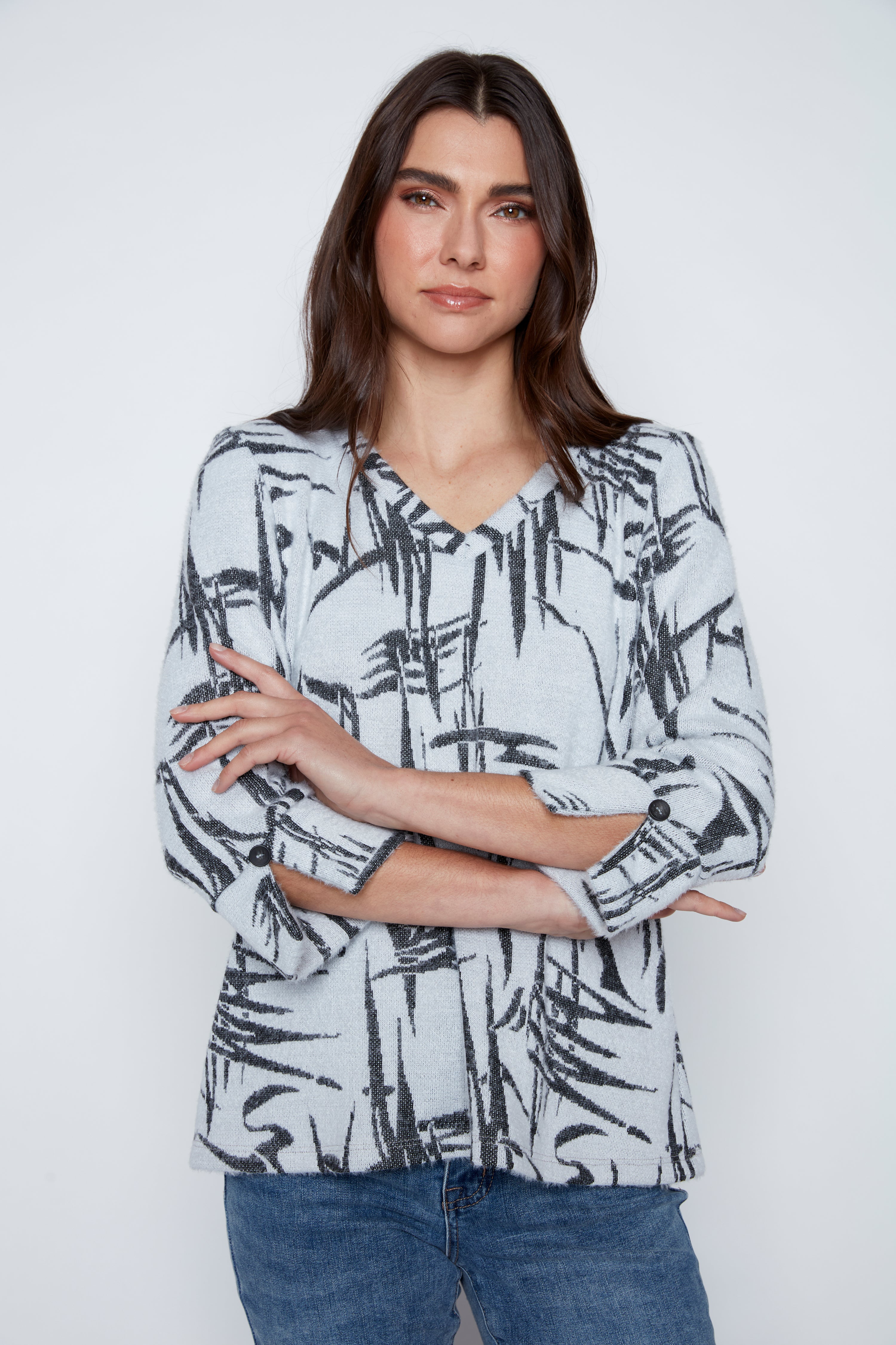 Printed fuzzy knit top