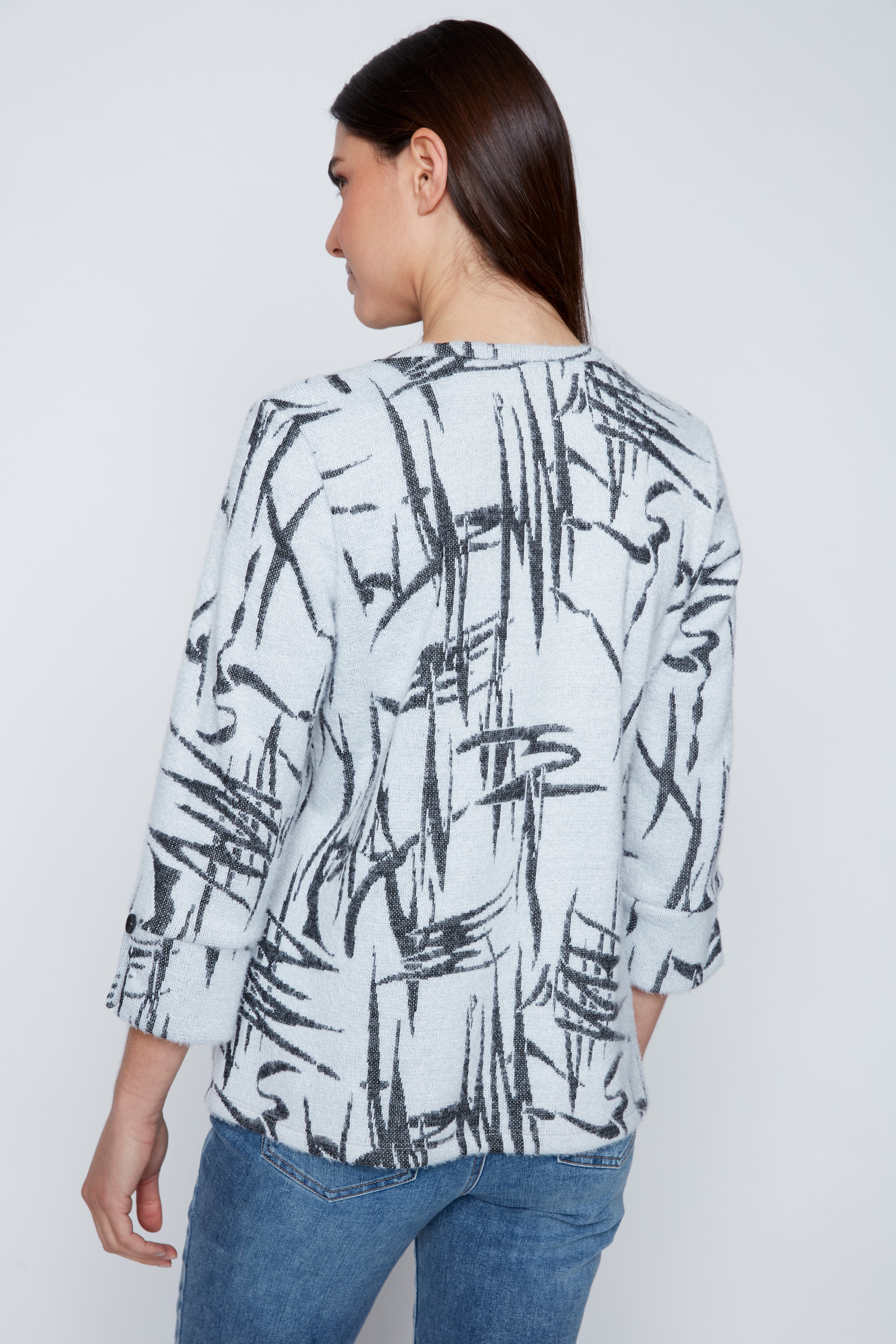 Printed fuzzy knit top