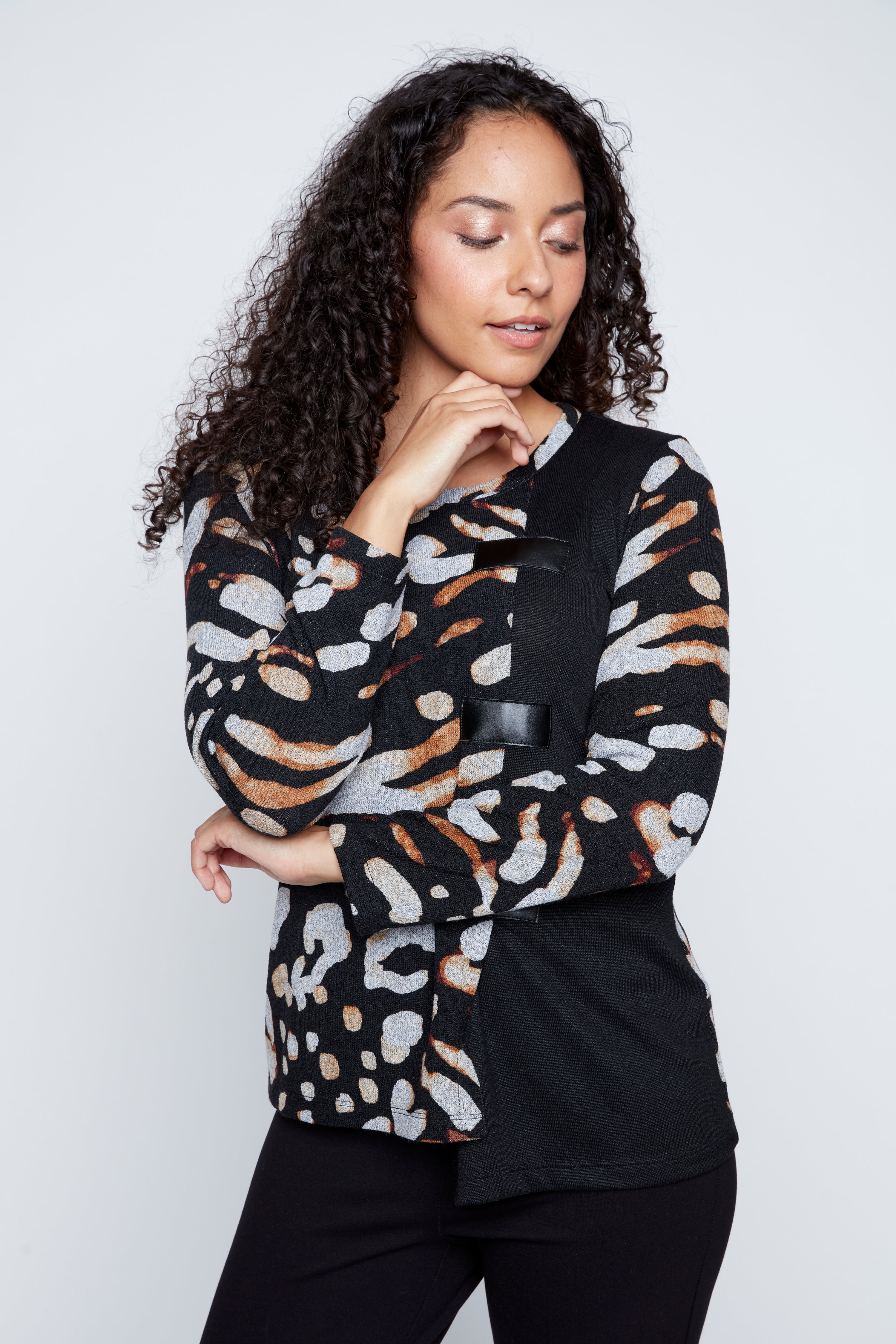 Animal print top with pleather tabs