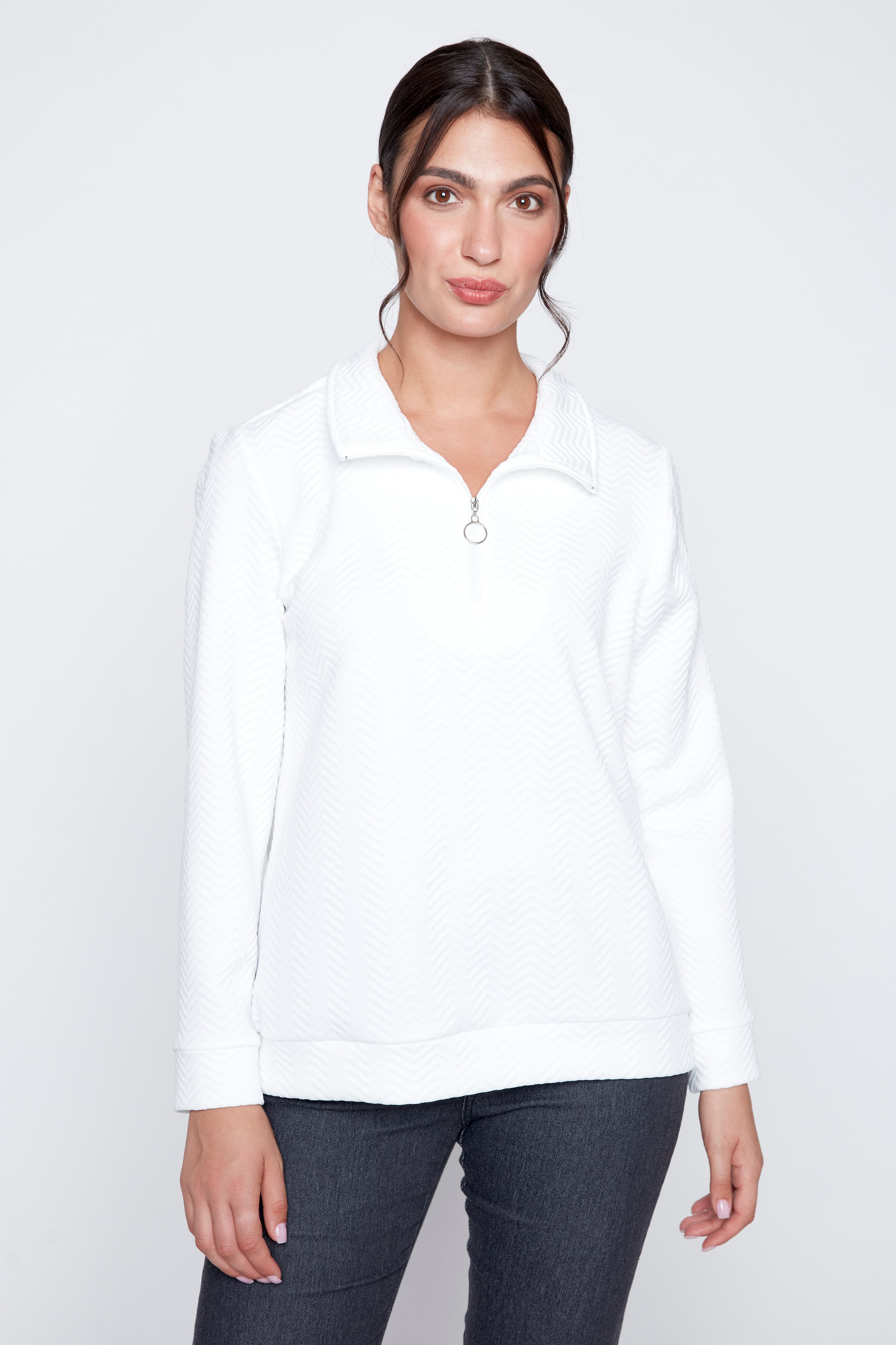 Textured knit top with zipper detail