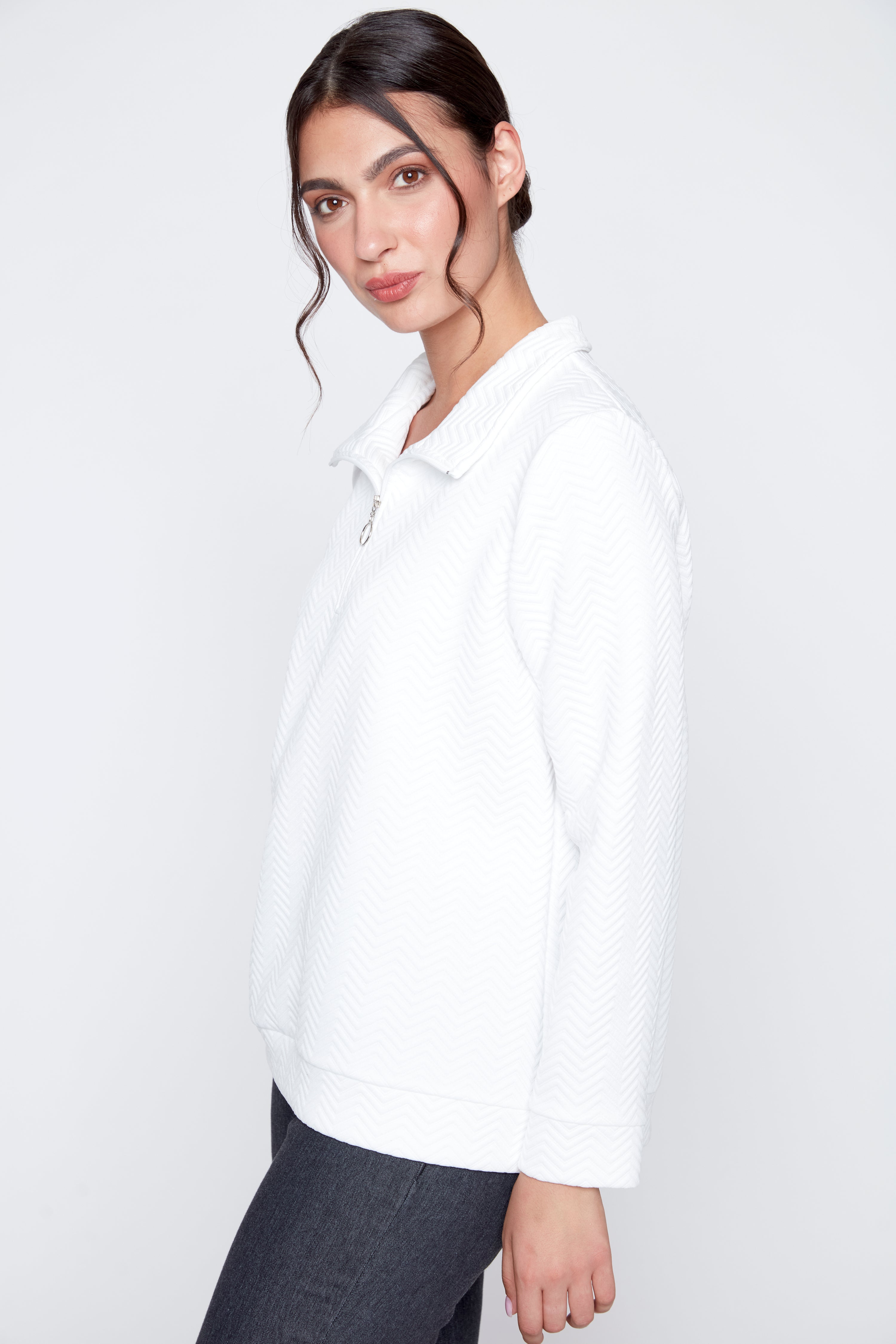 Textured knit top with zipper detail