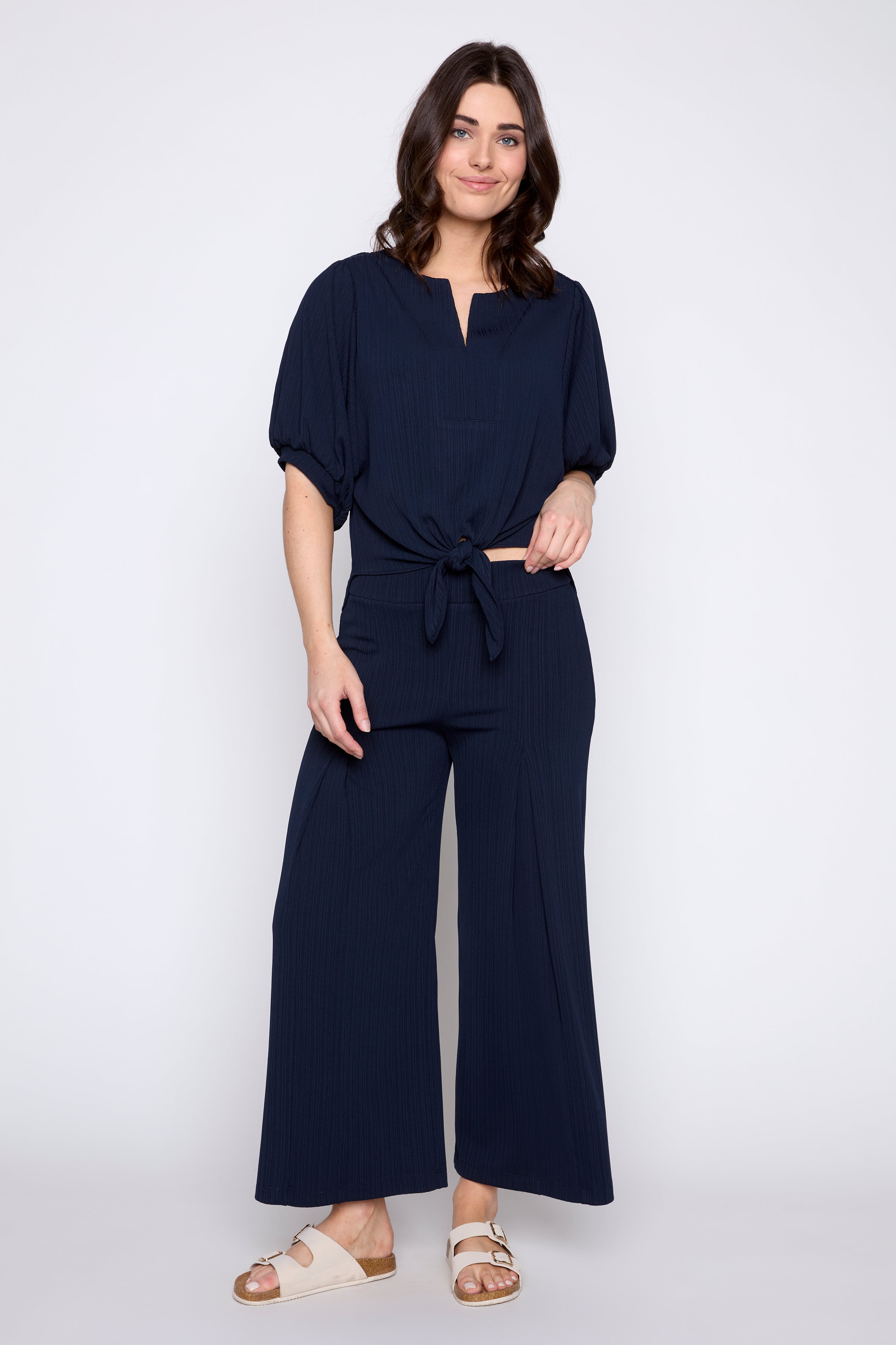 Tie front puff sleeve blouse