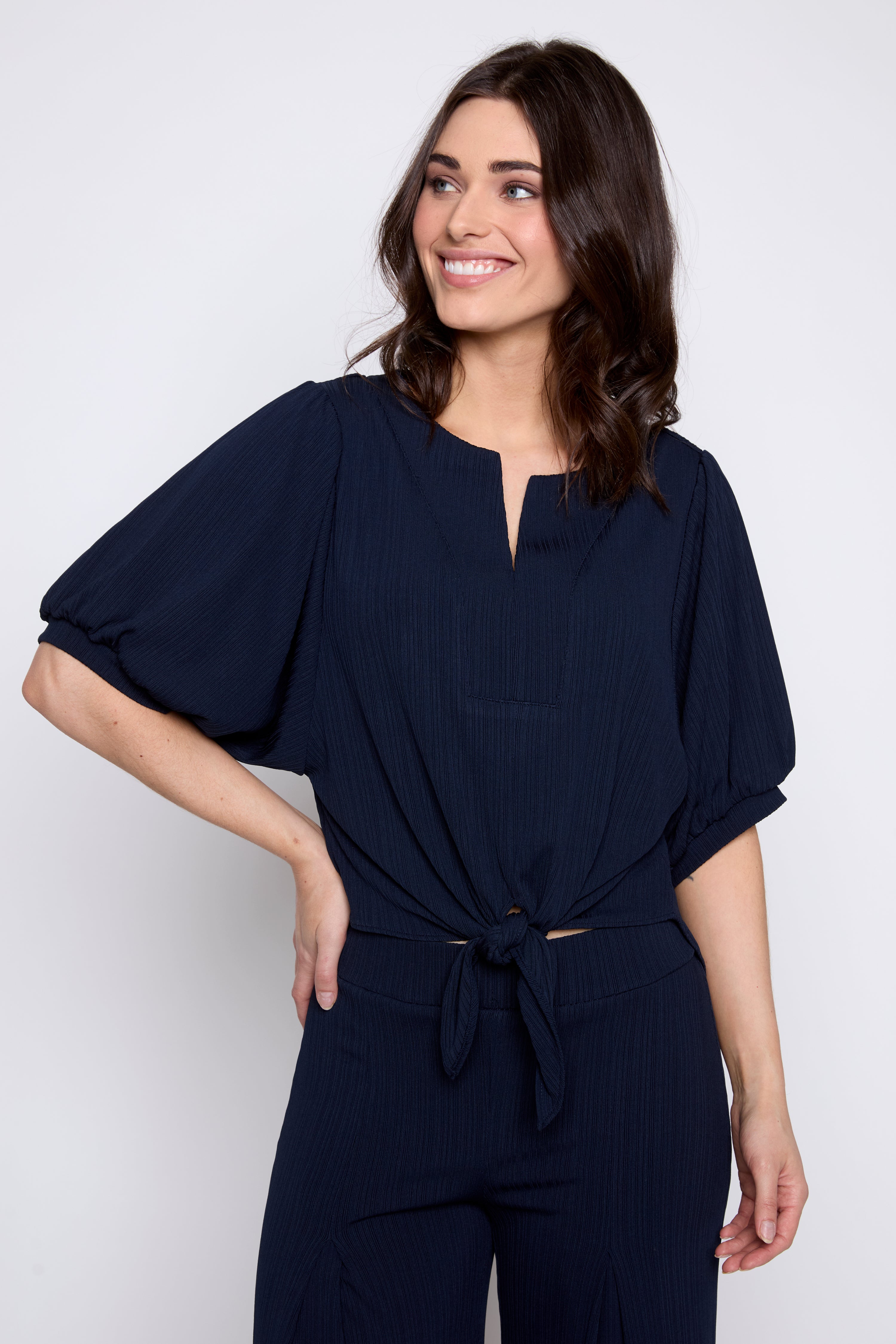 Tie front puff sleeve blouse