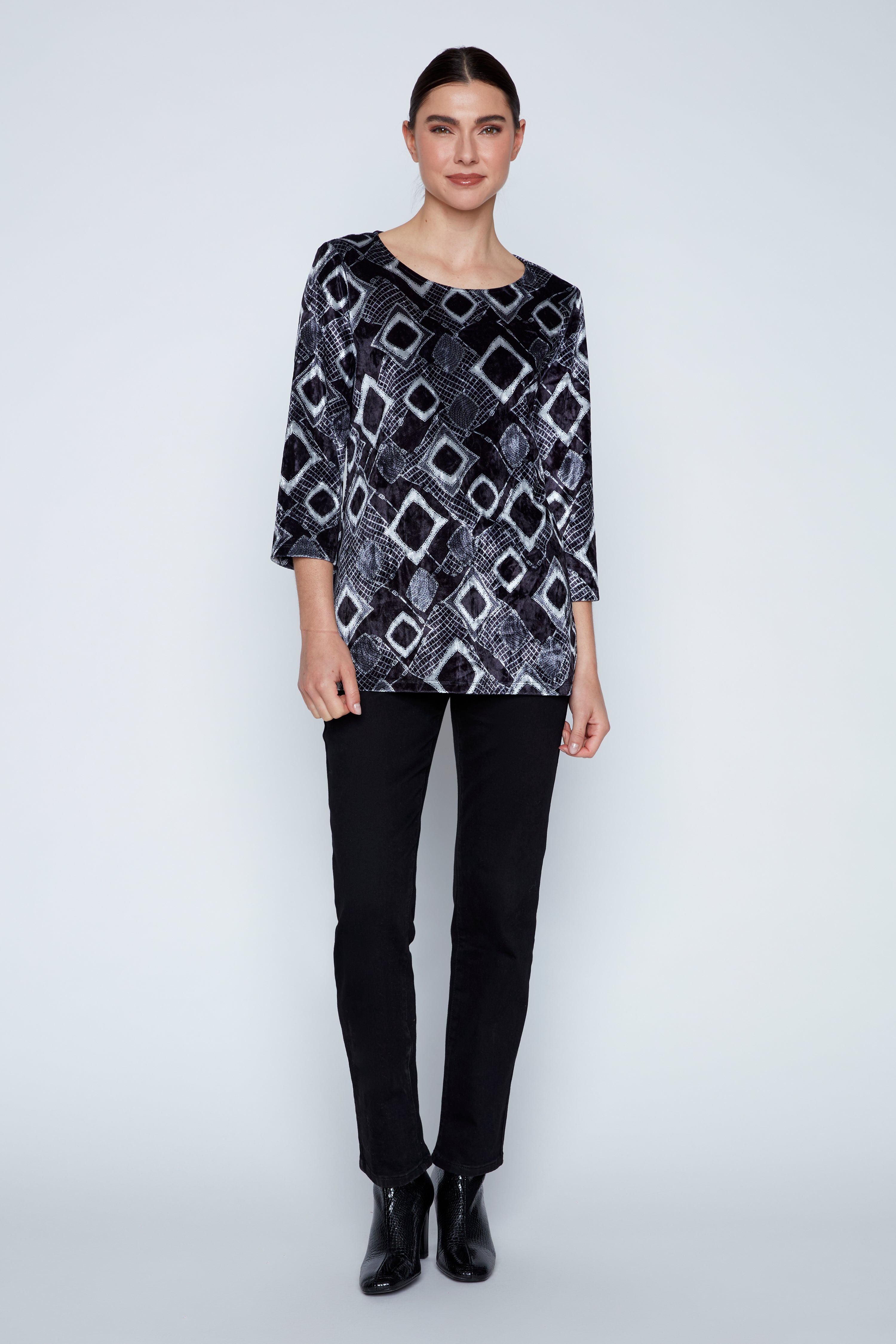 Geometric print velour top