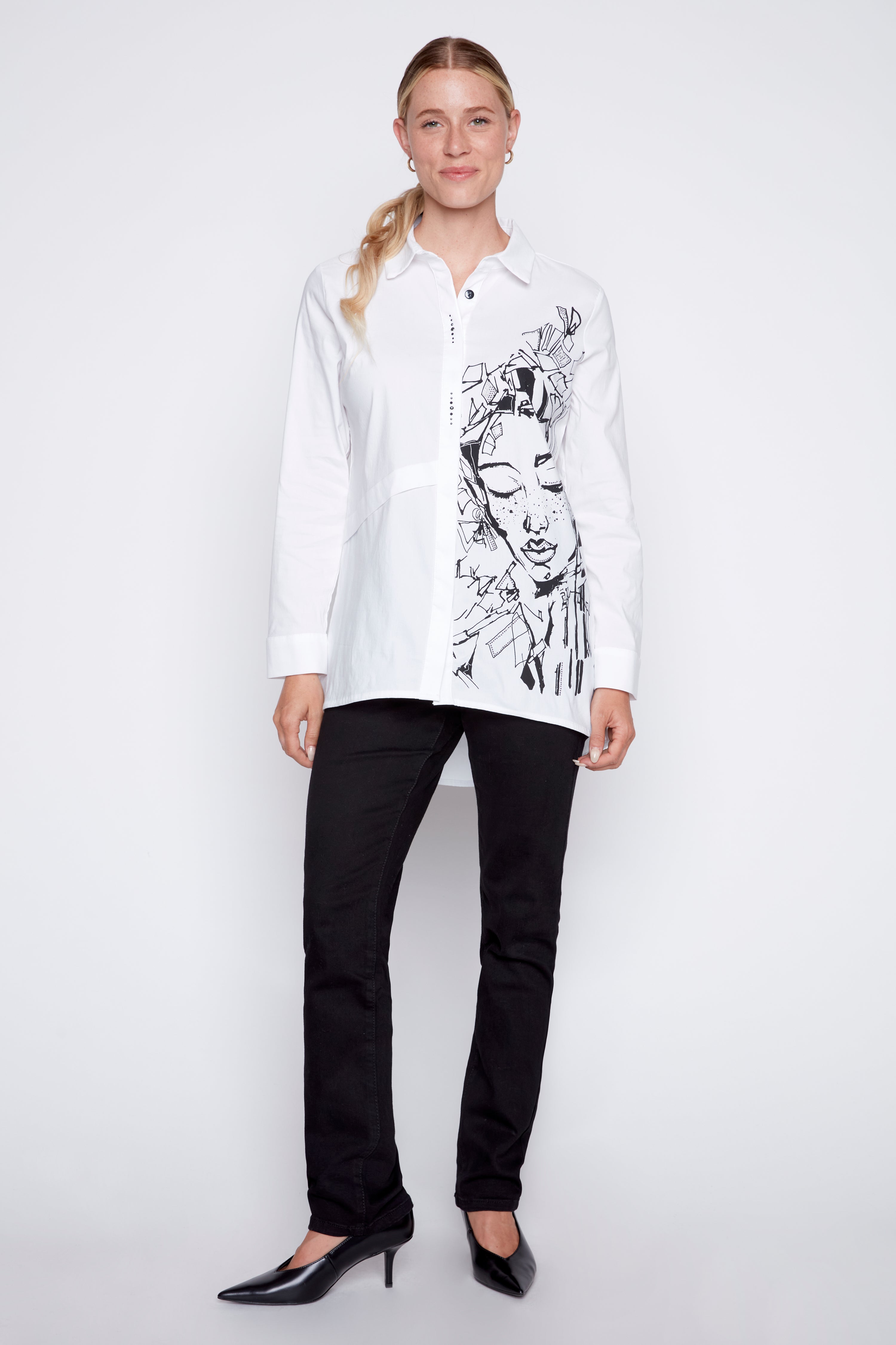 Portrait print hi-lo shirt