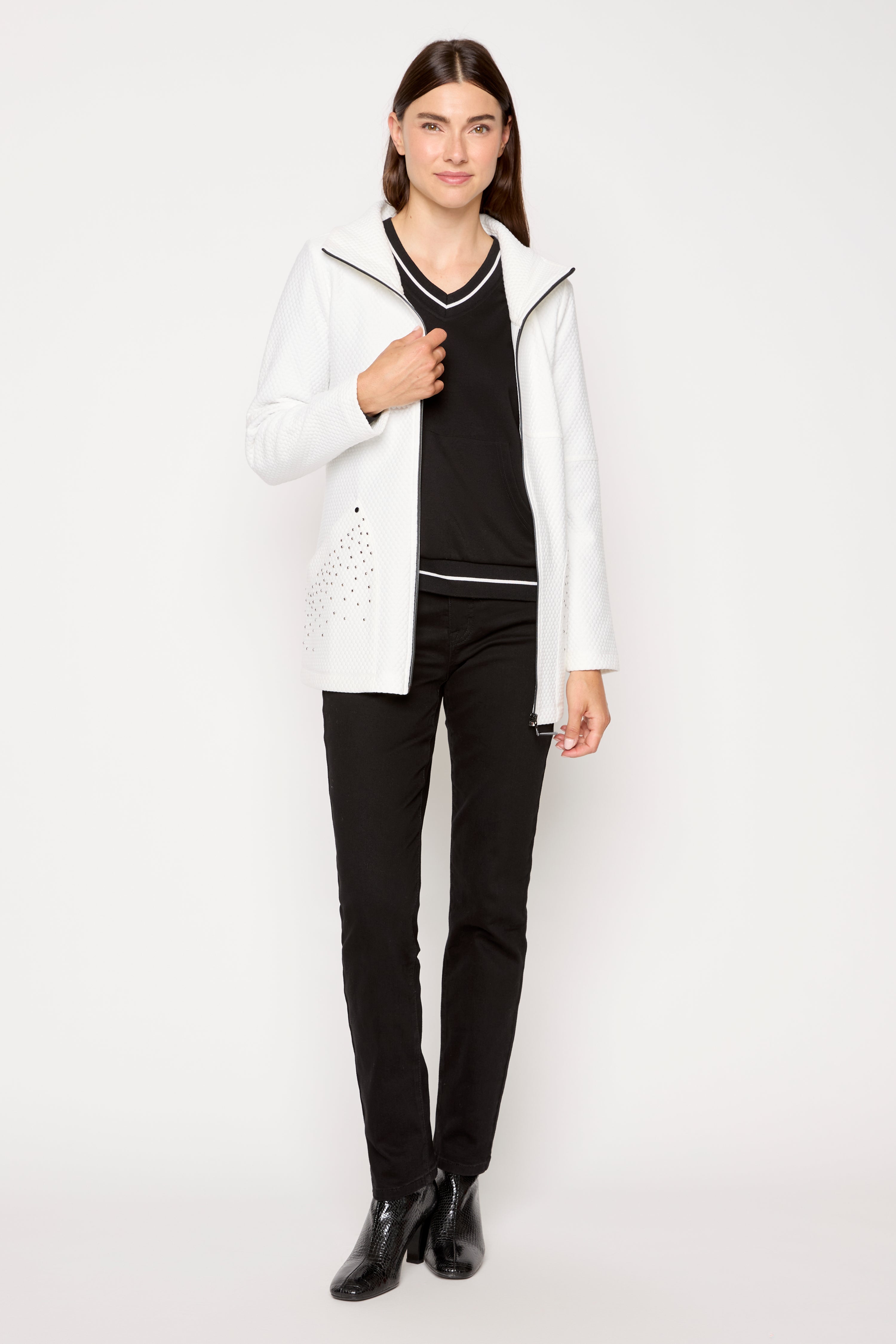 Dolcezza jacquard knit zip front jacket in white - full front view