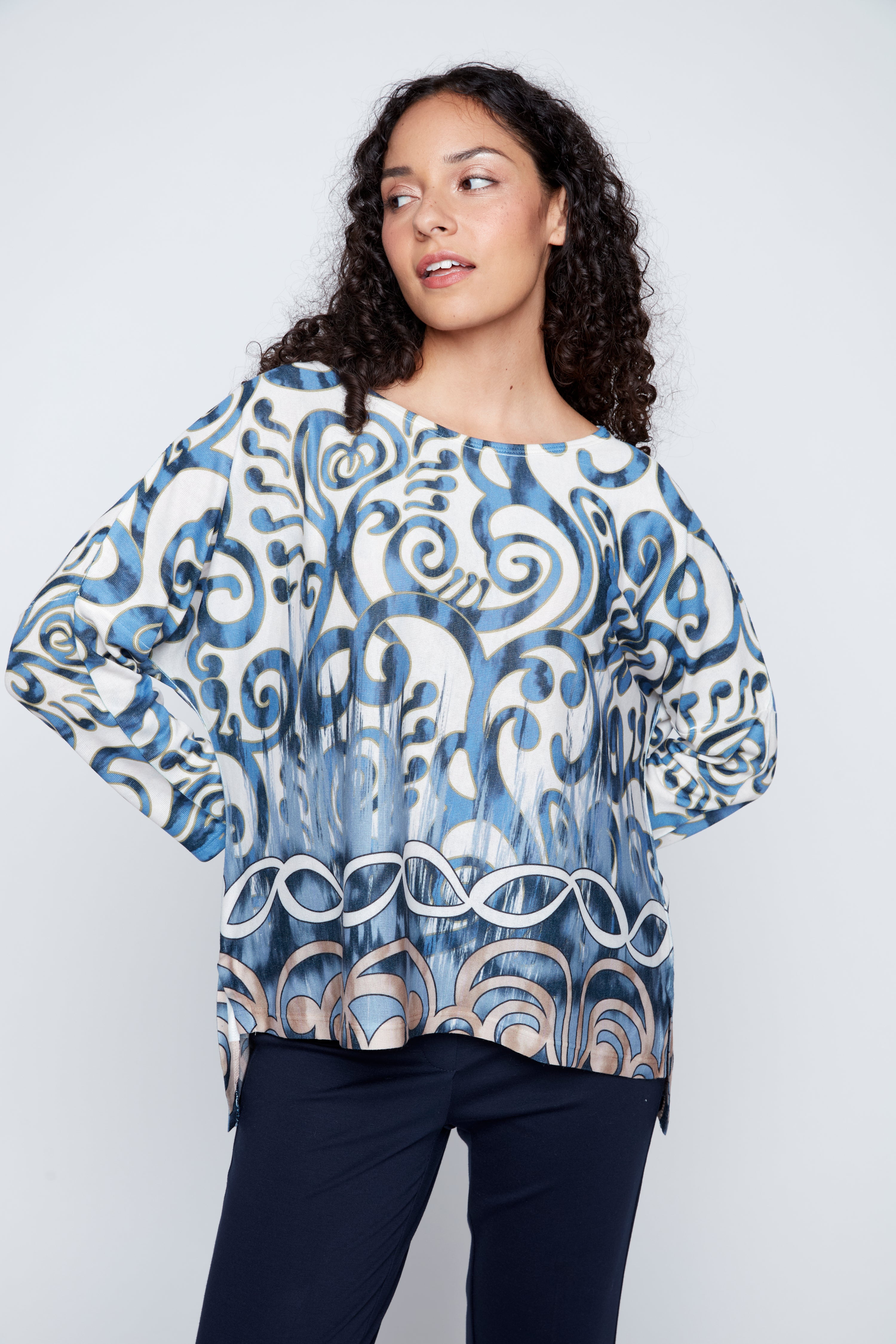 Blue ombre swirl print top