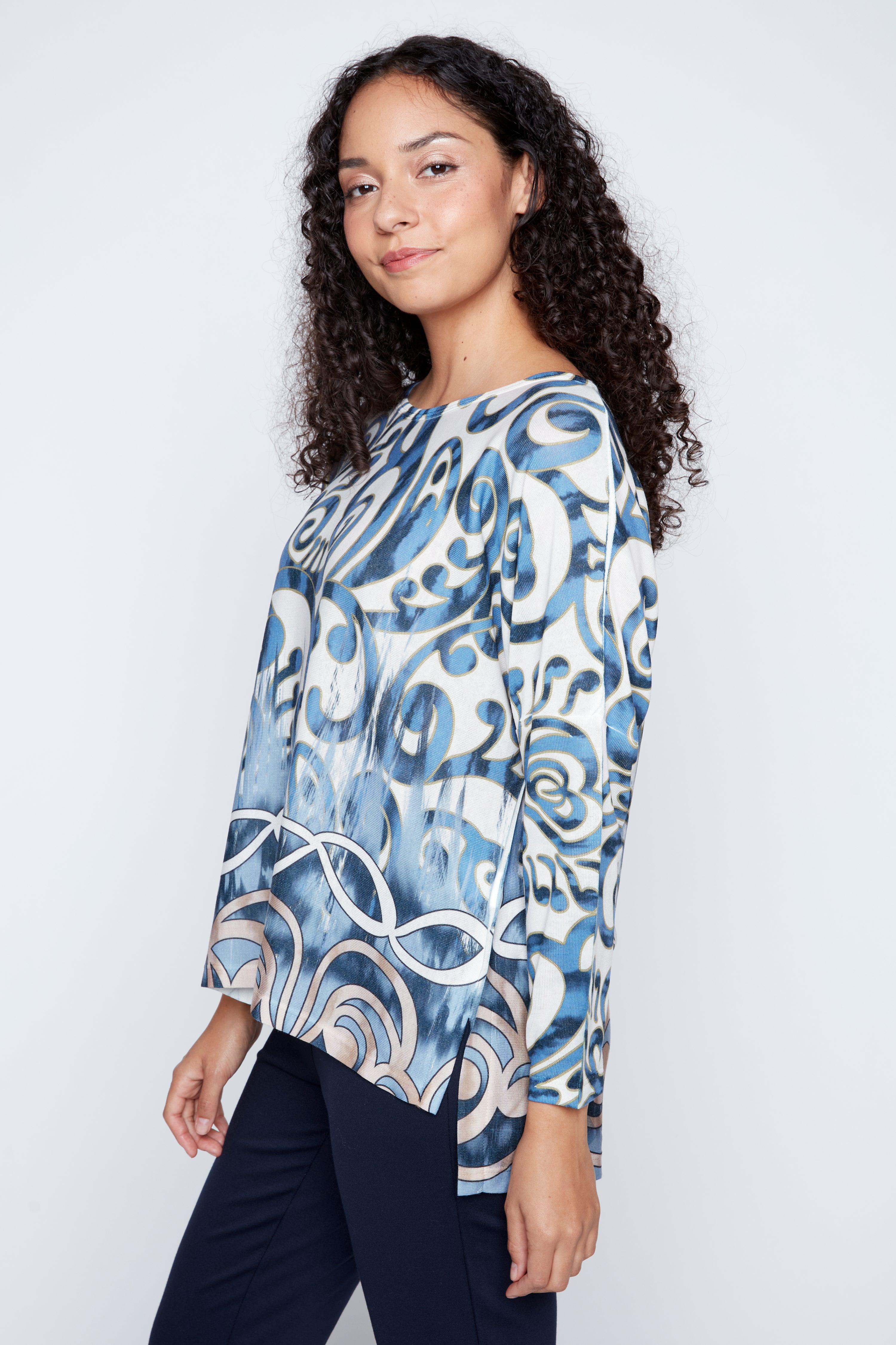 Blue ombre swirl print top