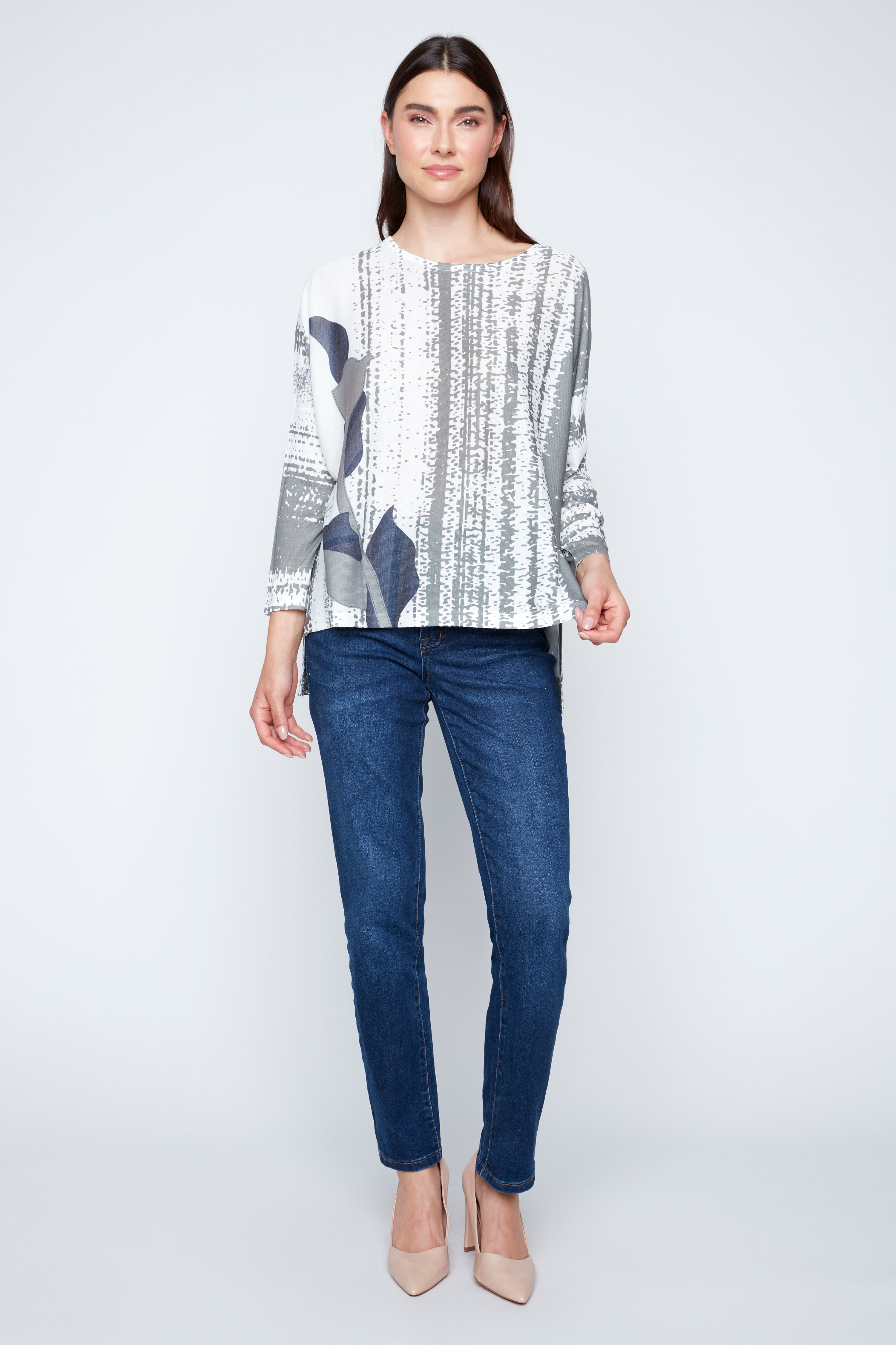 Artistic stripe and leaf pattern top