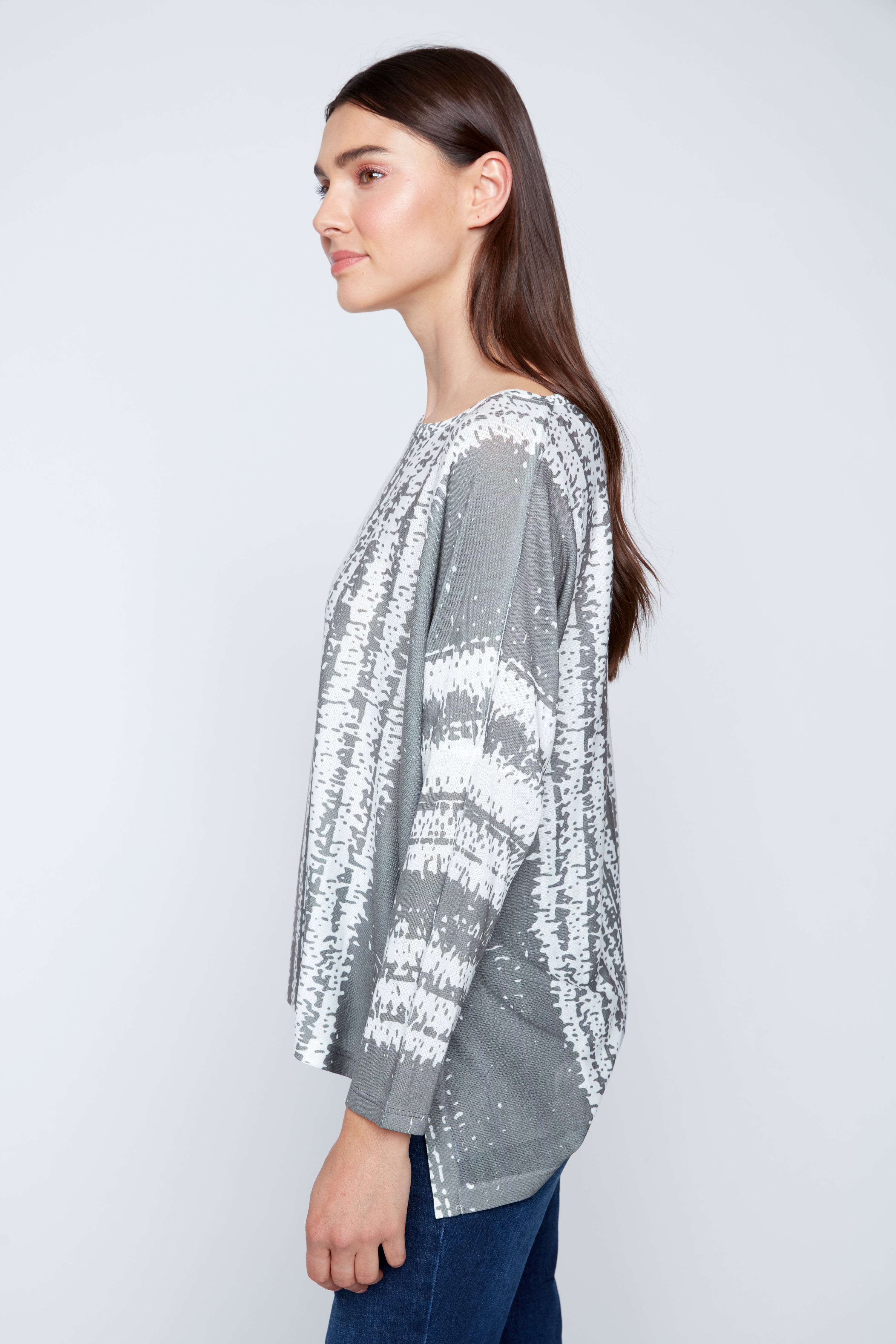 Artistic stripe and leaf pattern top