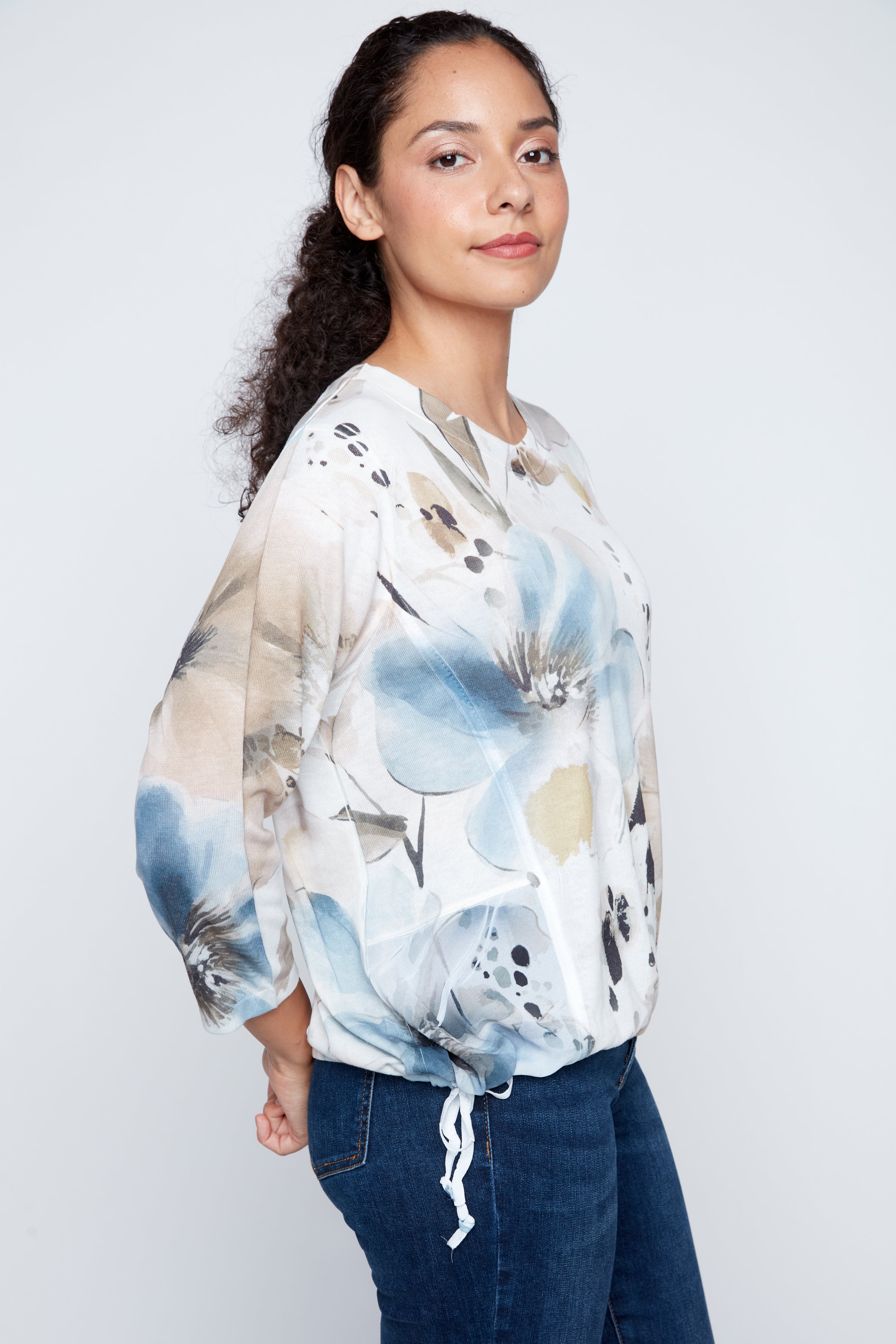 Floral print chiffon trim top