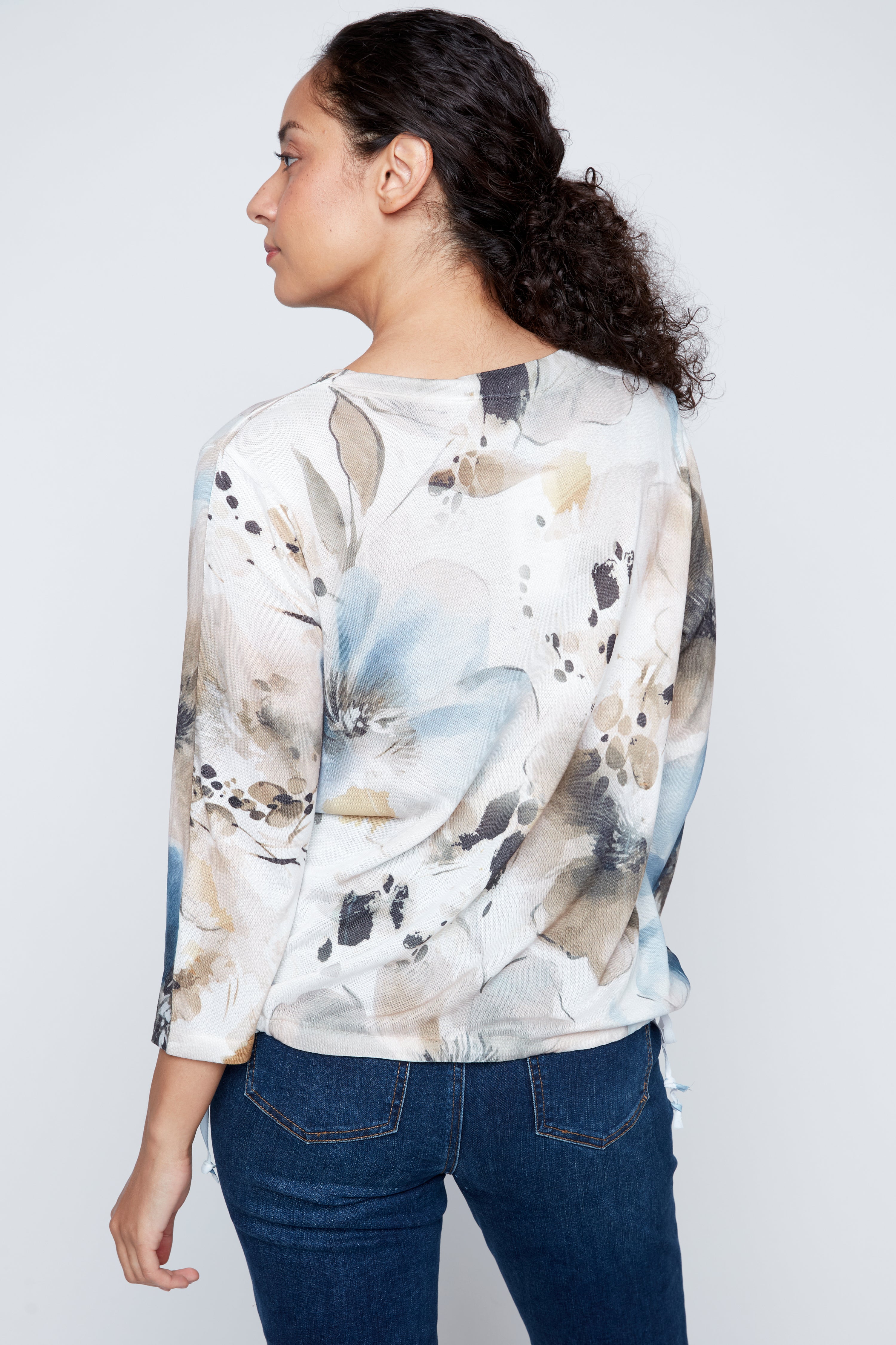 Floral print chiffon trim top