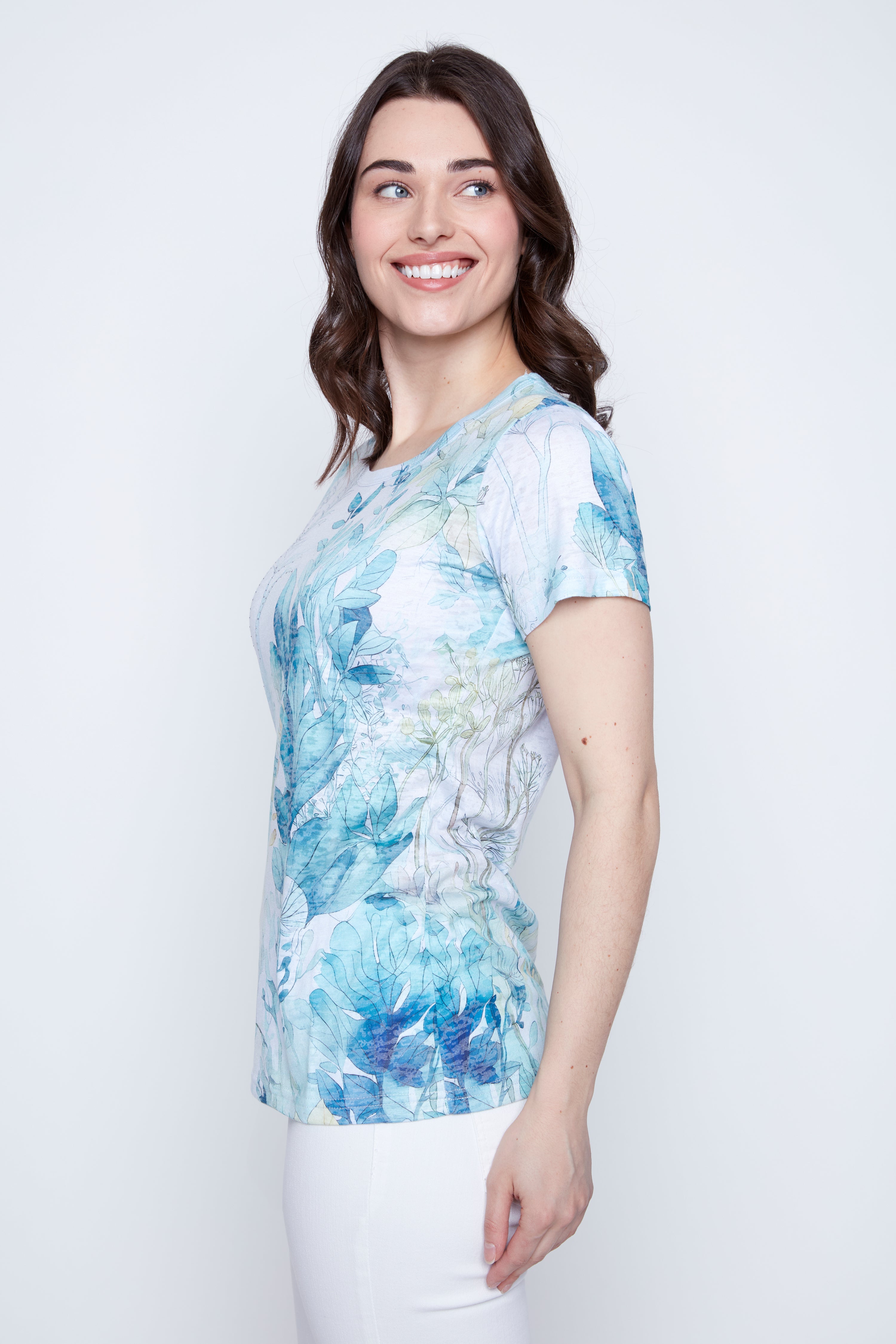 Aqua floral print burn out t-shirt