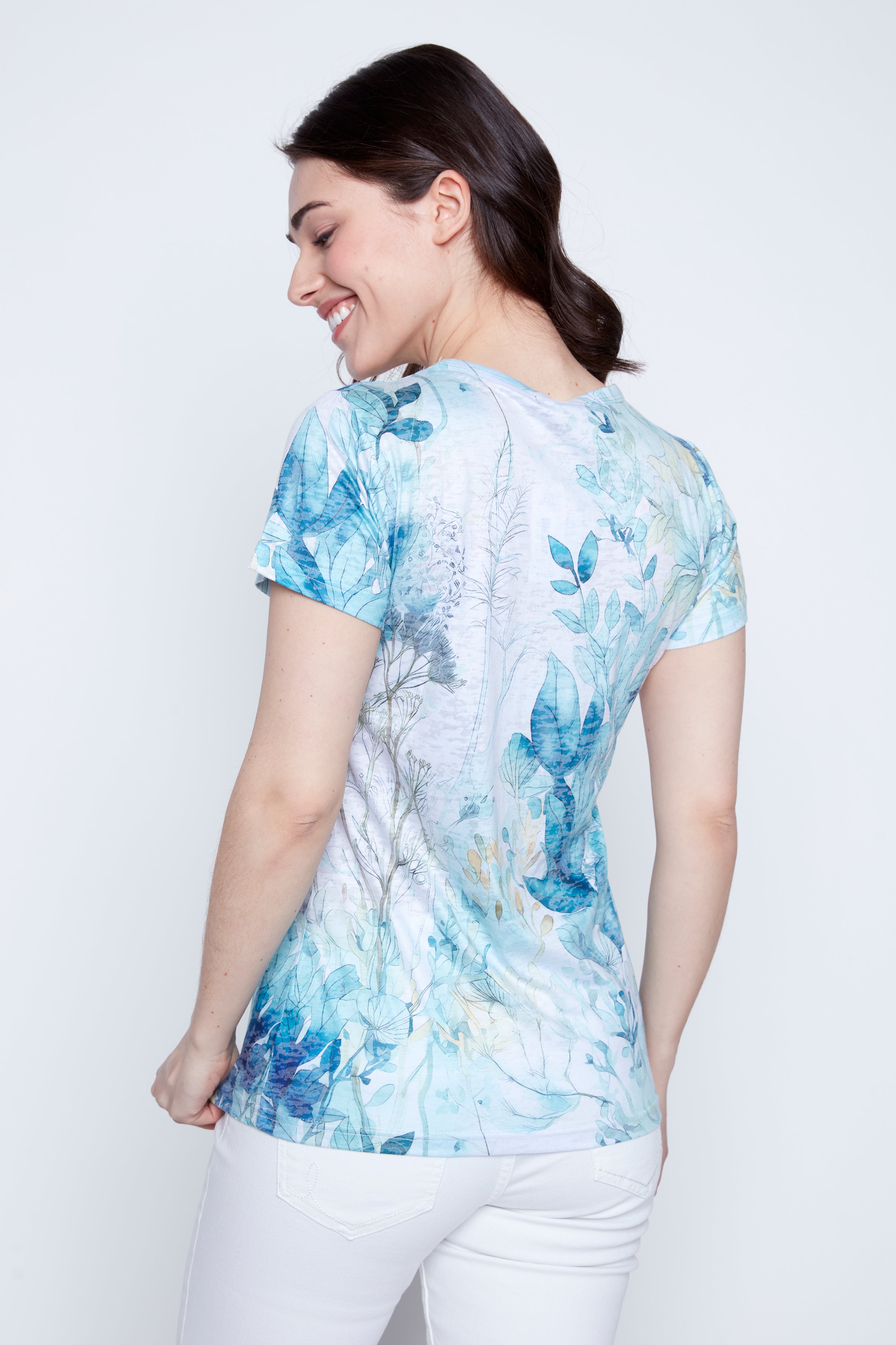 Aqua floral print burn out t-shirt