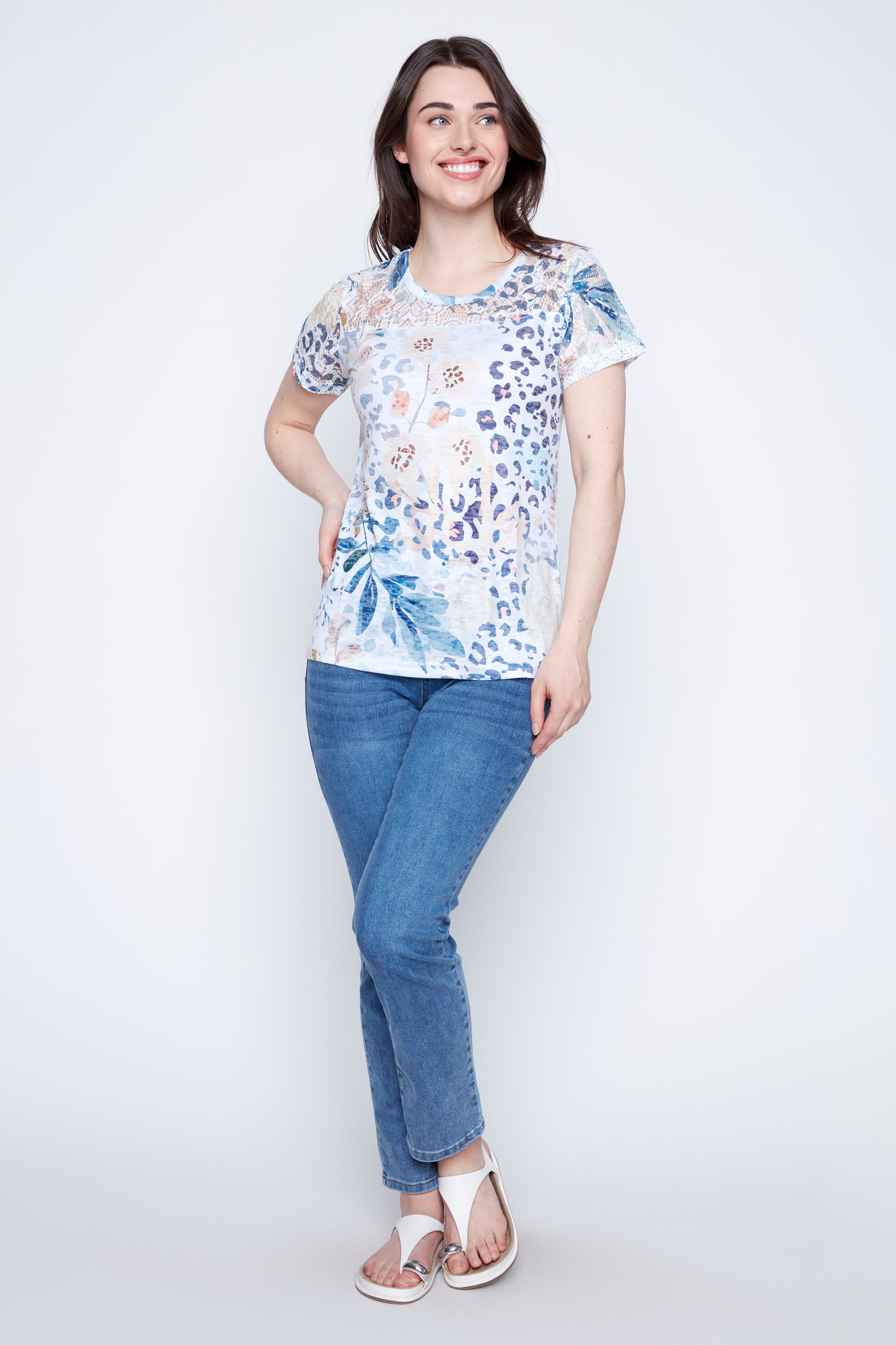 Animal and floral print burn out t-shirt