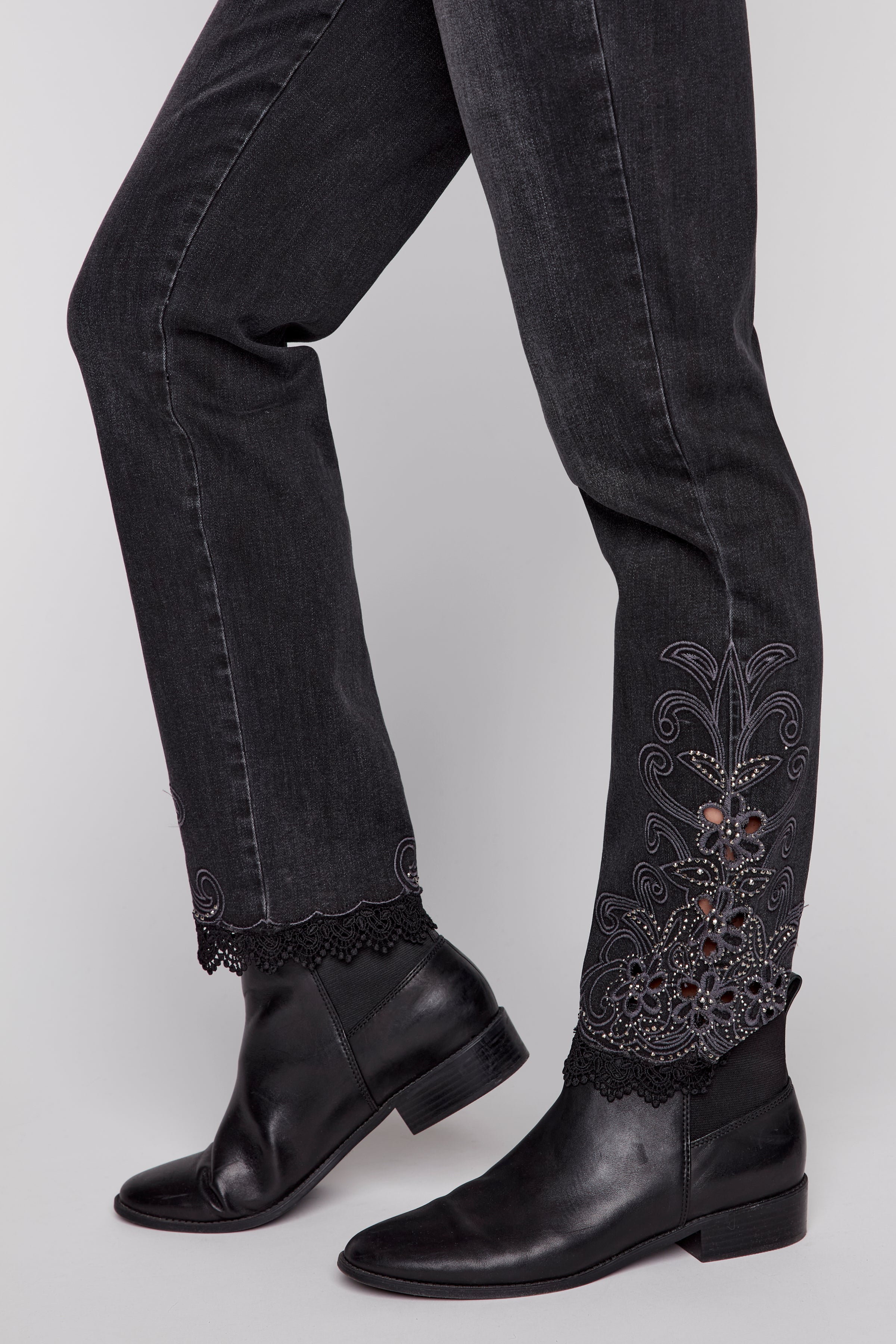 Laser embroidery hem jean