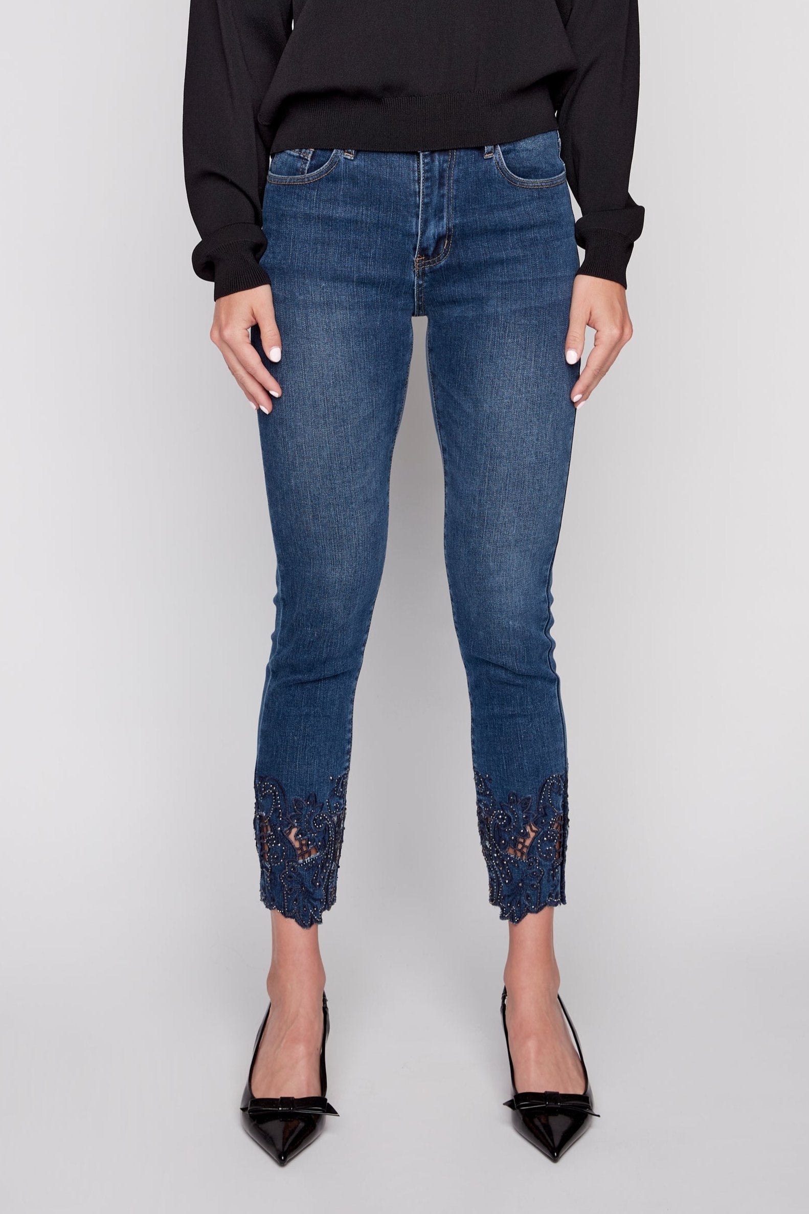 Embroidered slim leg jean