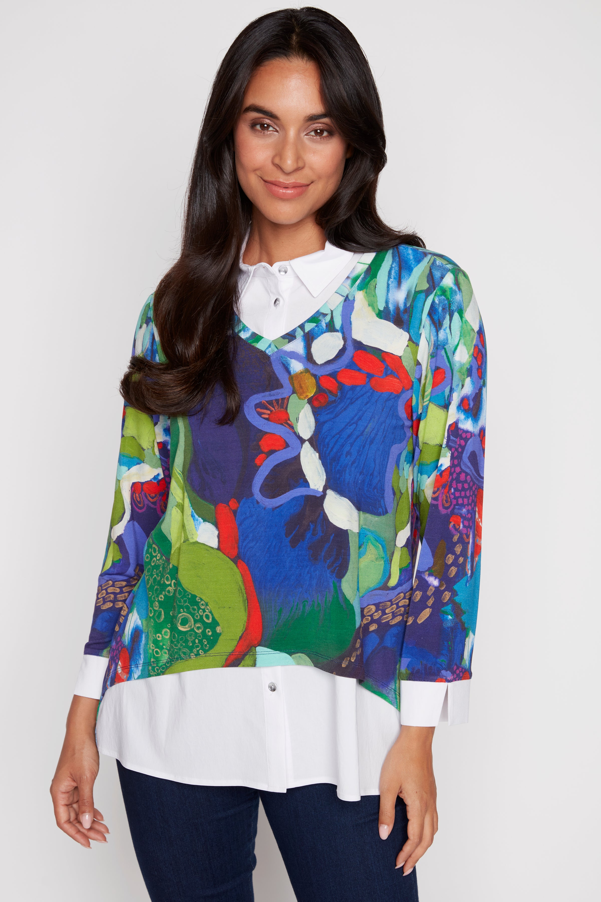 Printed knit fooler blouse