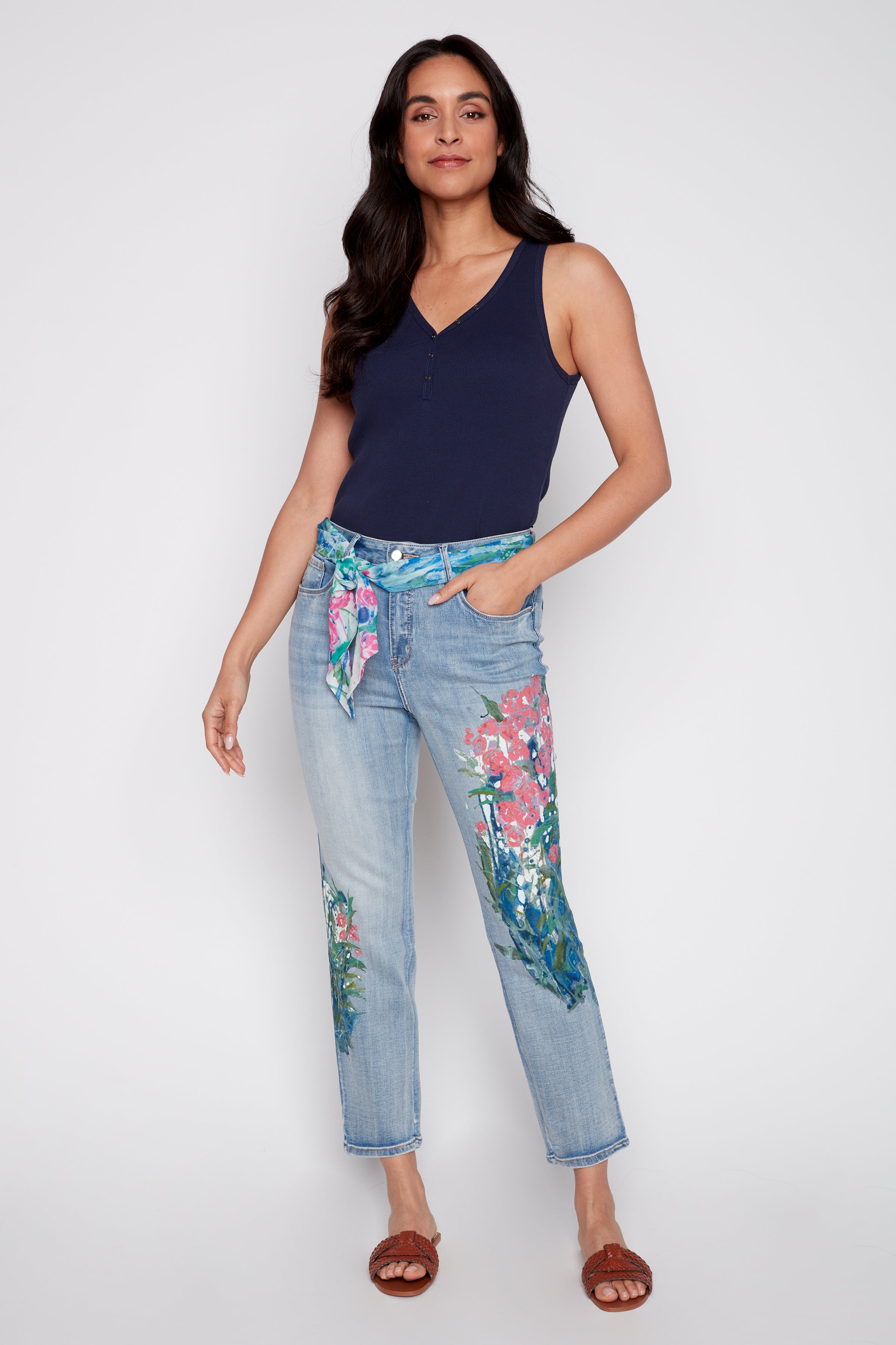 Slim leg printed jean with scarf belt