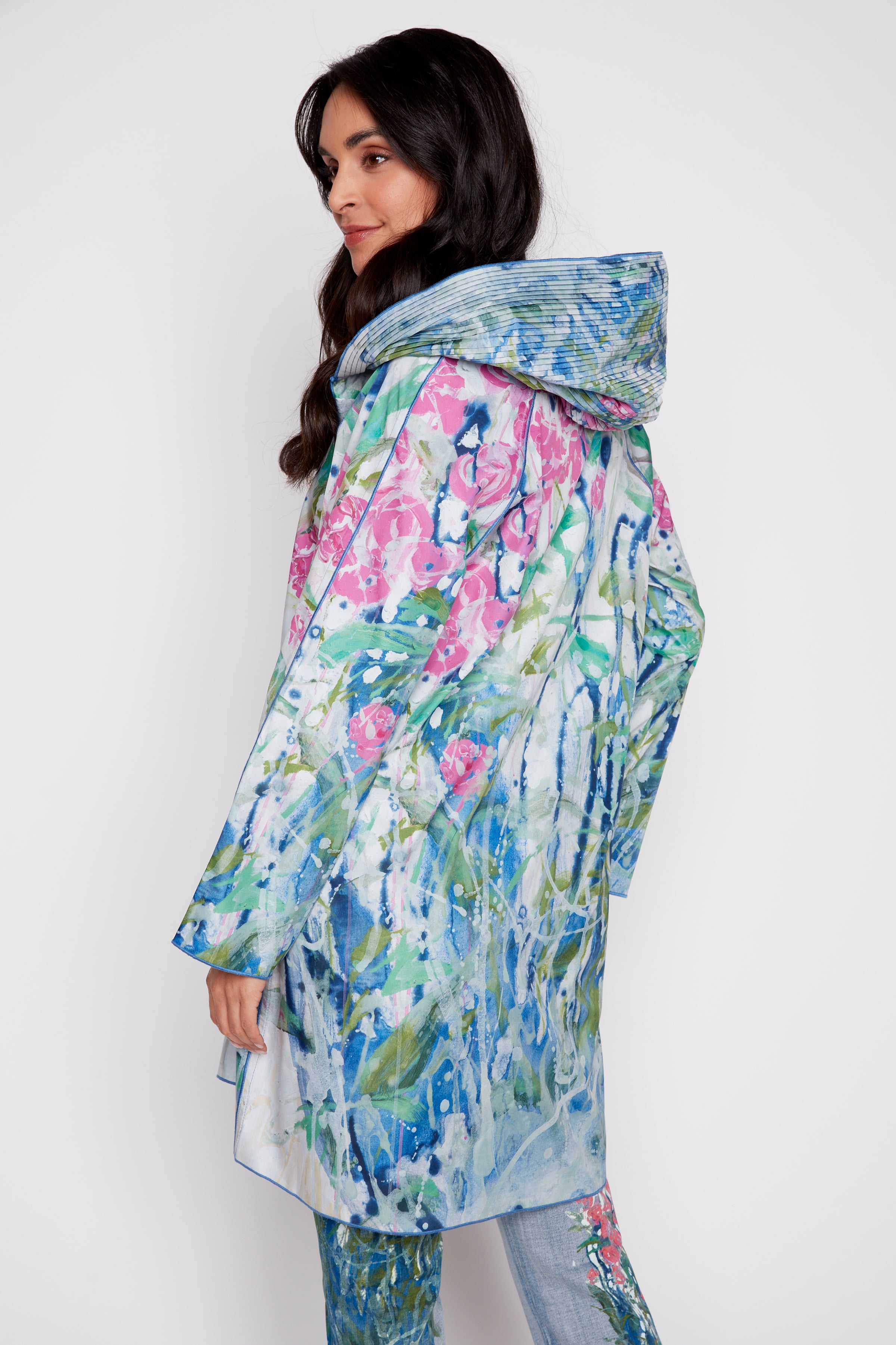 Reversible floral print raincoat