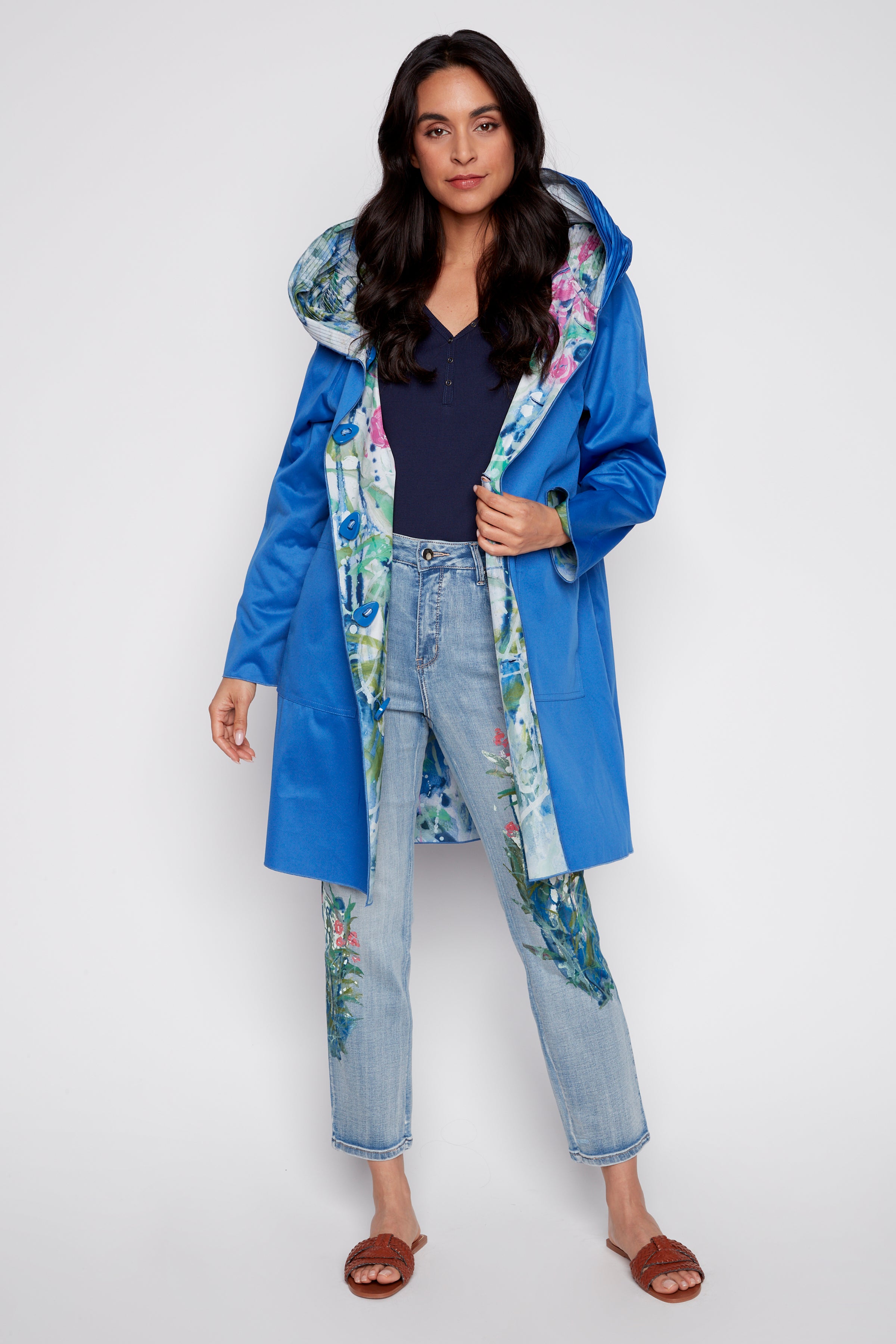 Reversible floral print raincoat