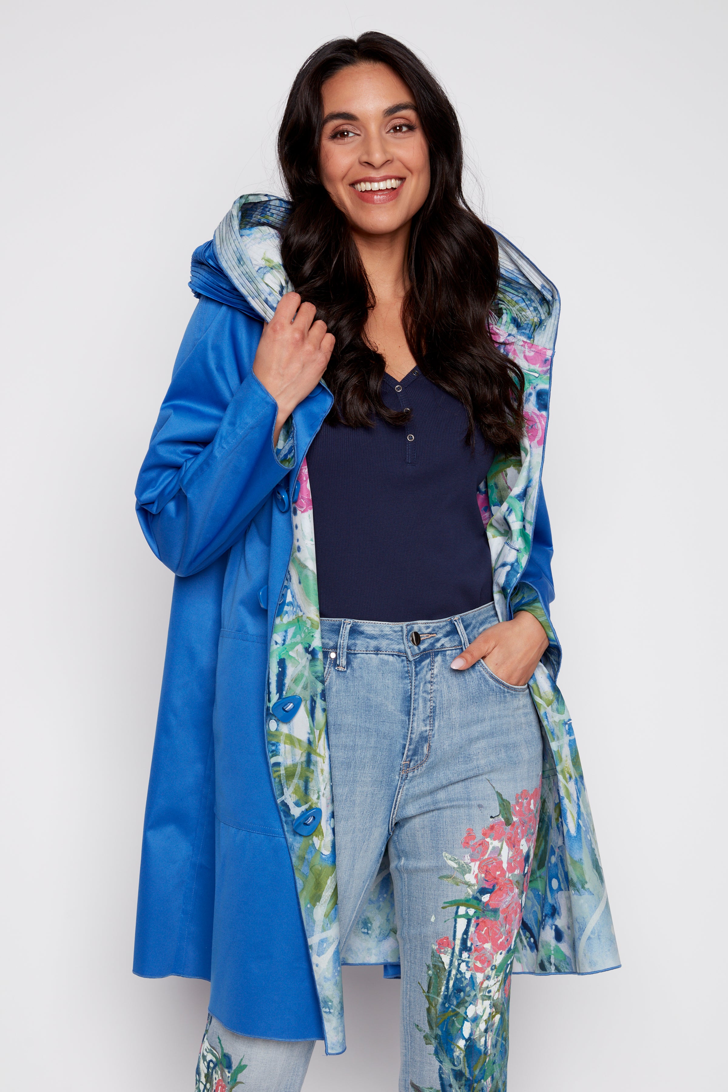 Reversible floral print raincoat