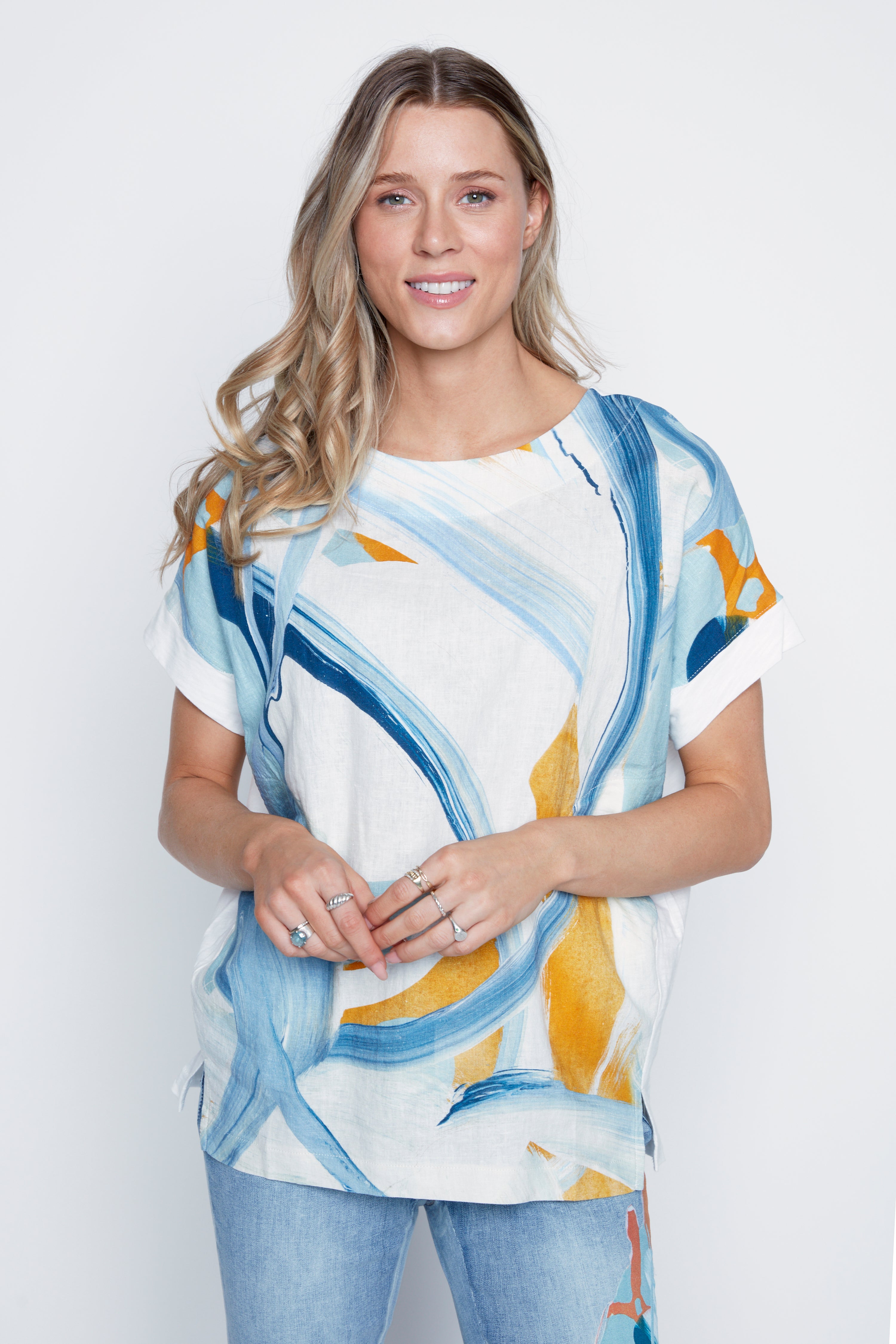Floral design linen blend top