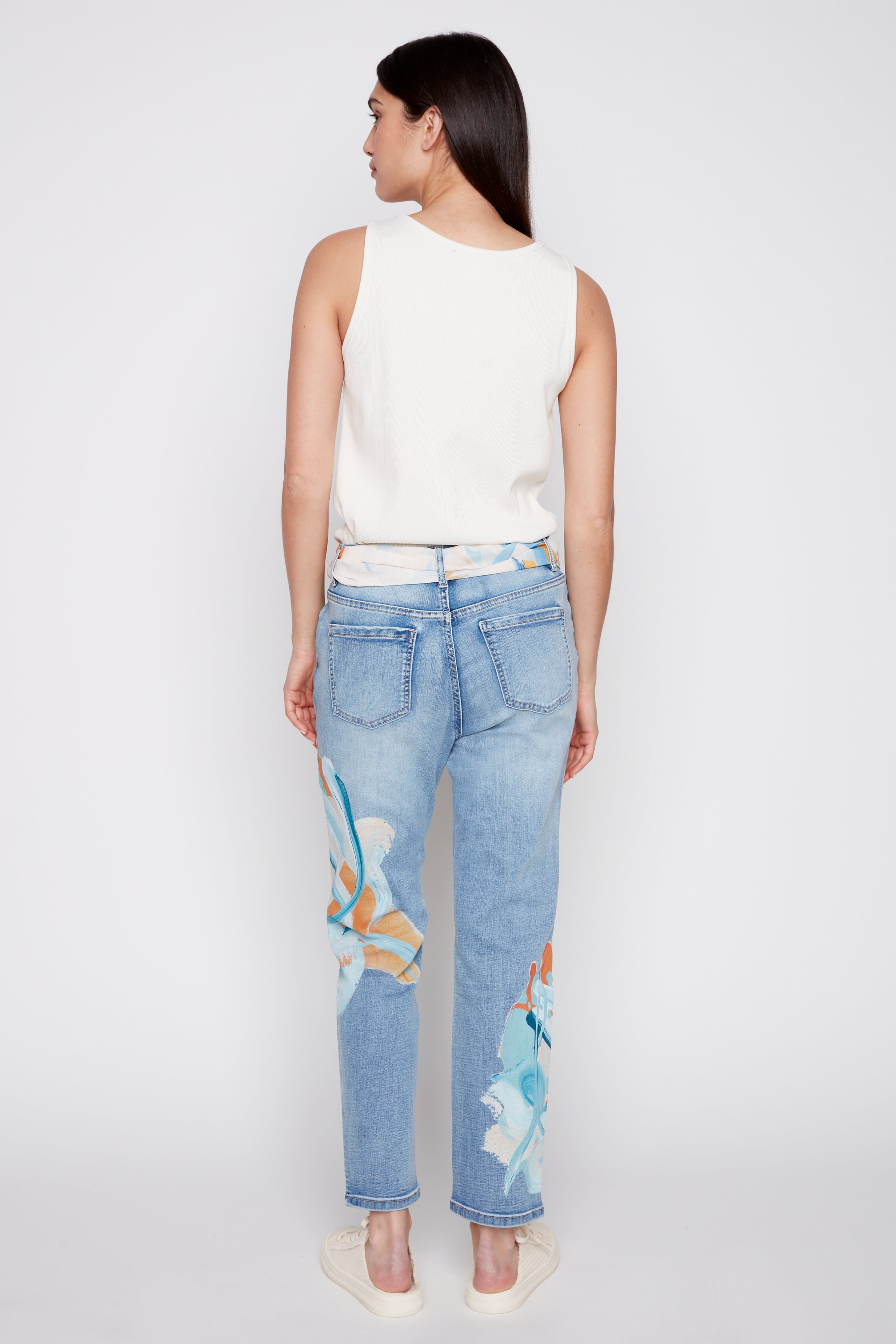 Slim leg painted jean with scarf belt