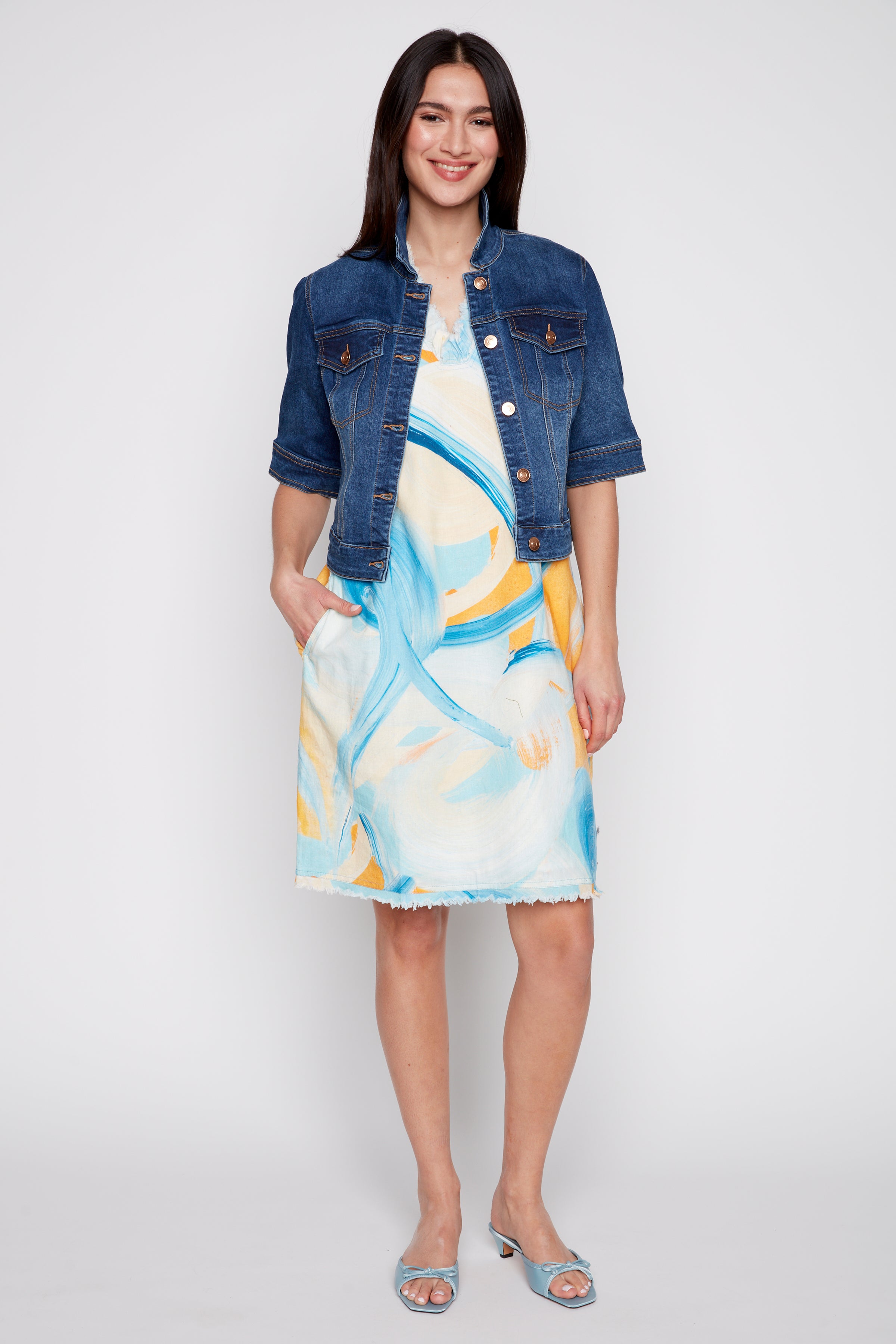 Printed linen blend dress with pockets