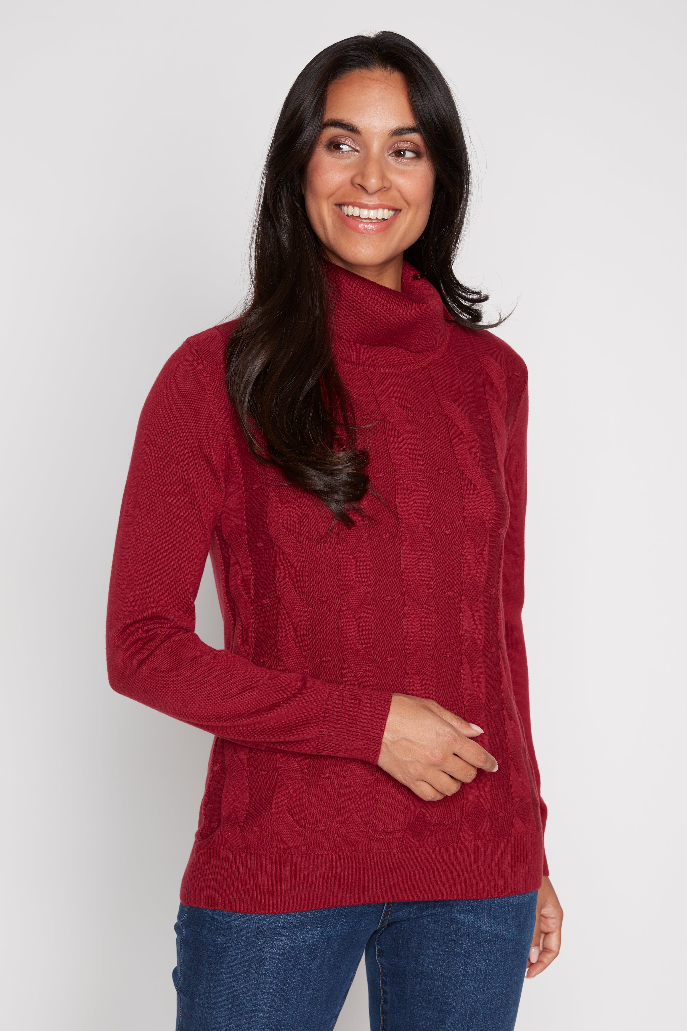 Allover cable front cotton blend sweater