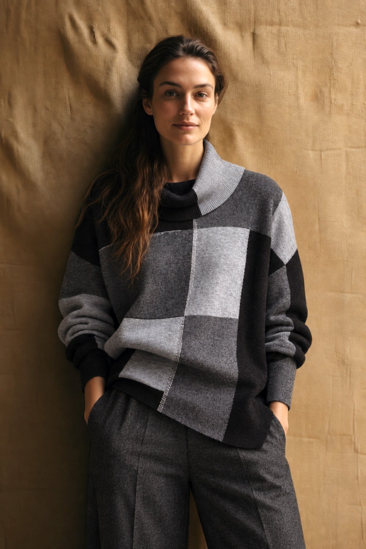 Colorblock Cowl Neck Tunic Sweater