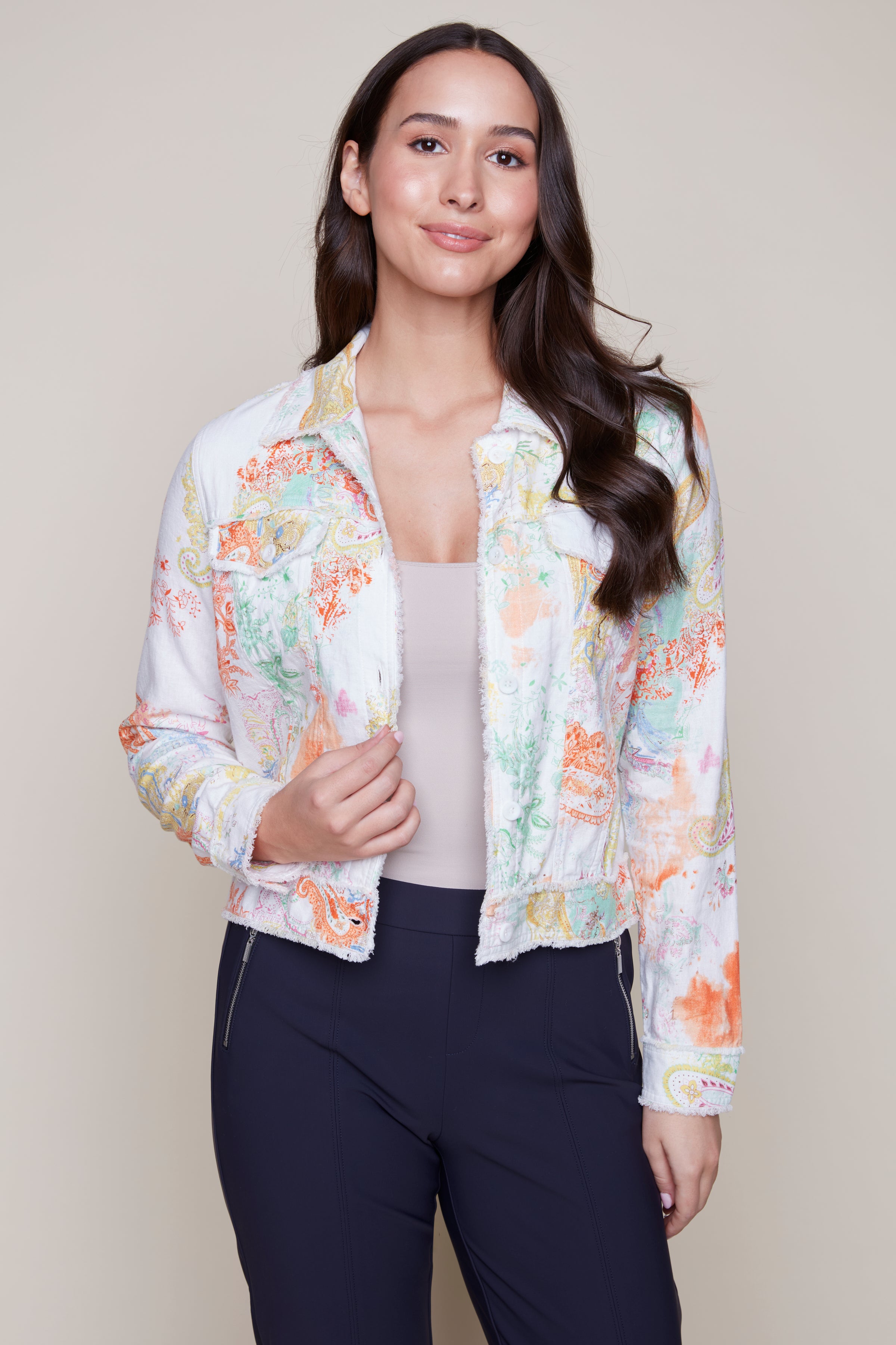 Paisley print linen blend jean style jacket