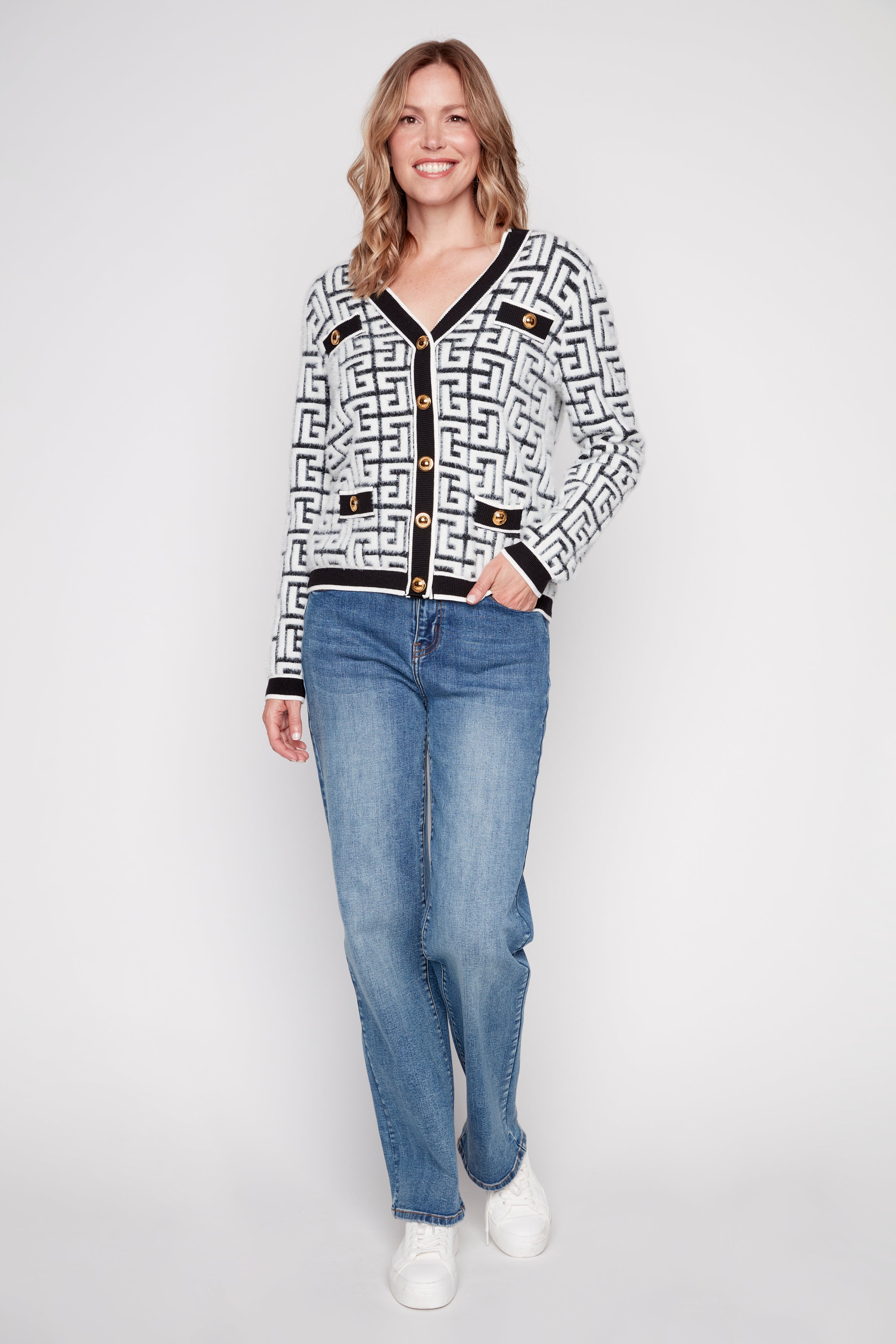 Geometric pattern eyelash cardigan