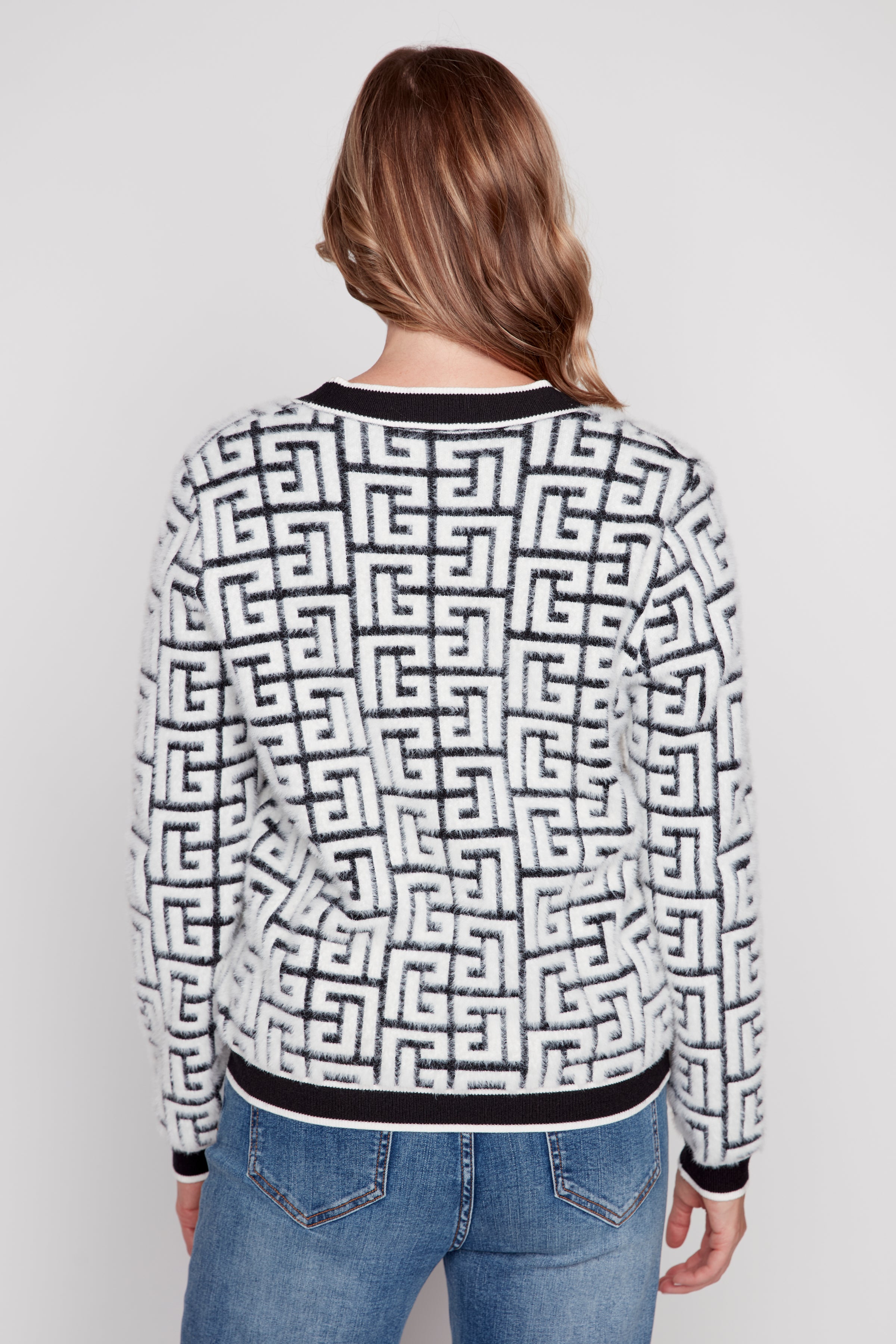 Geometric pattern eyelash cardigan