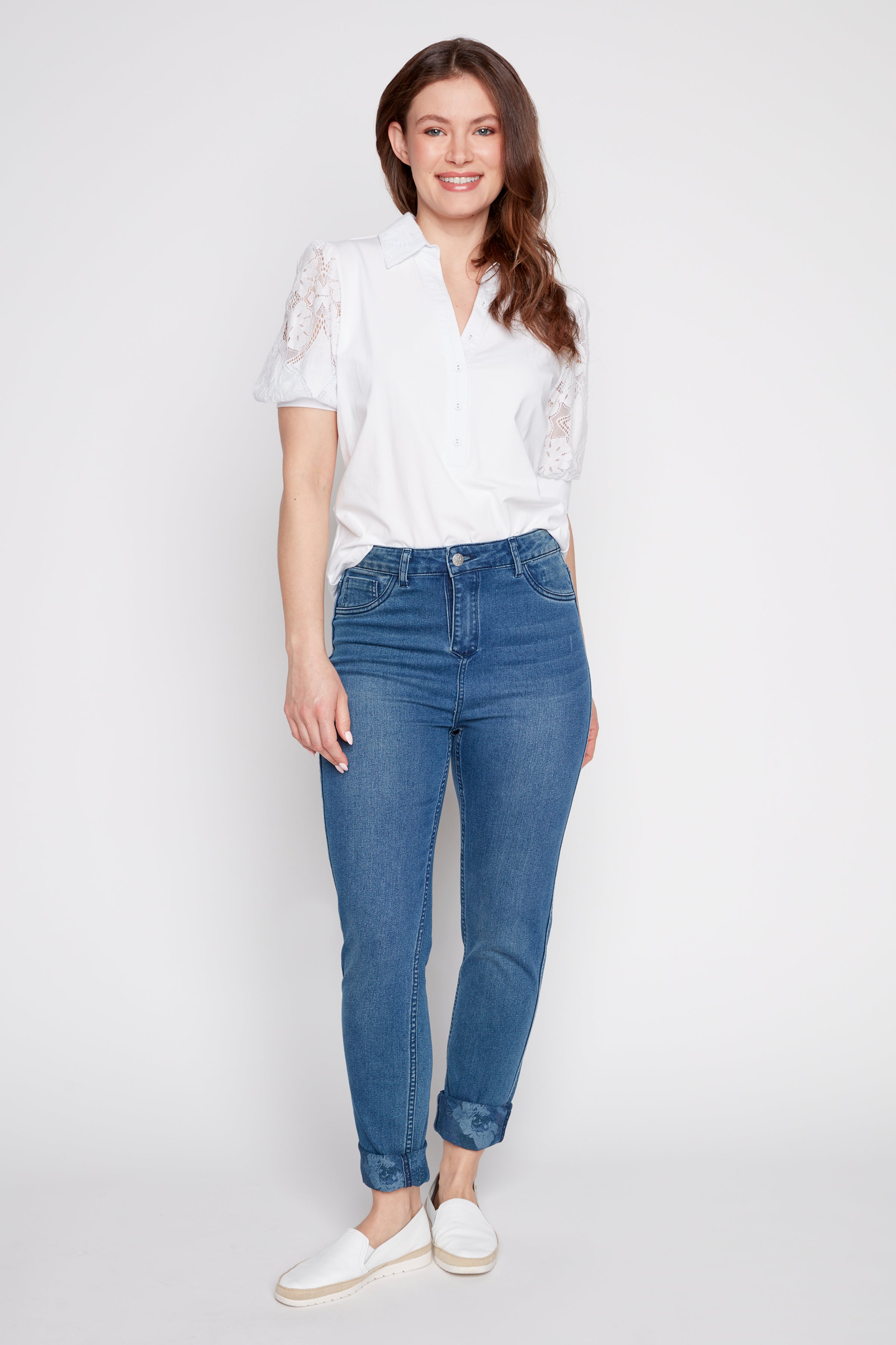 Slim leg reversible floral jean