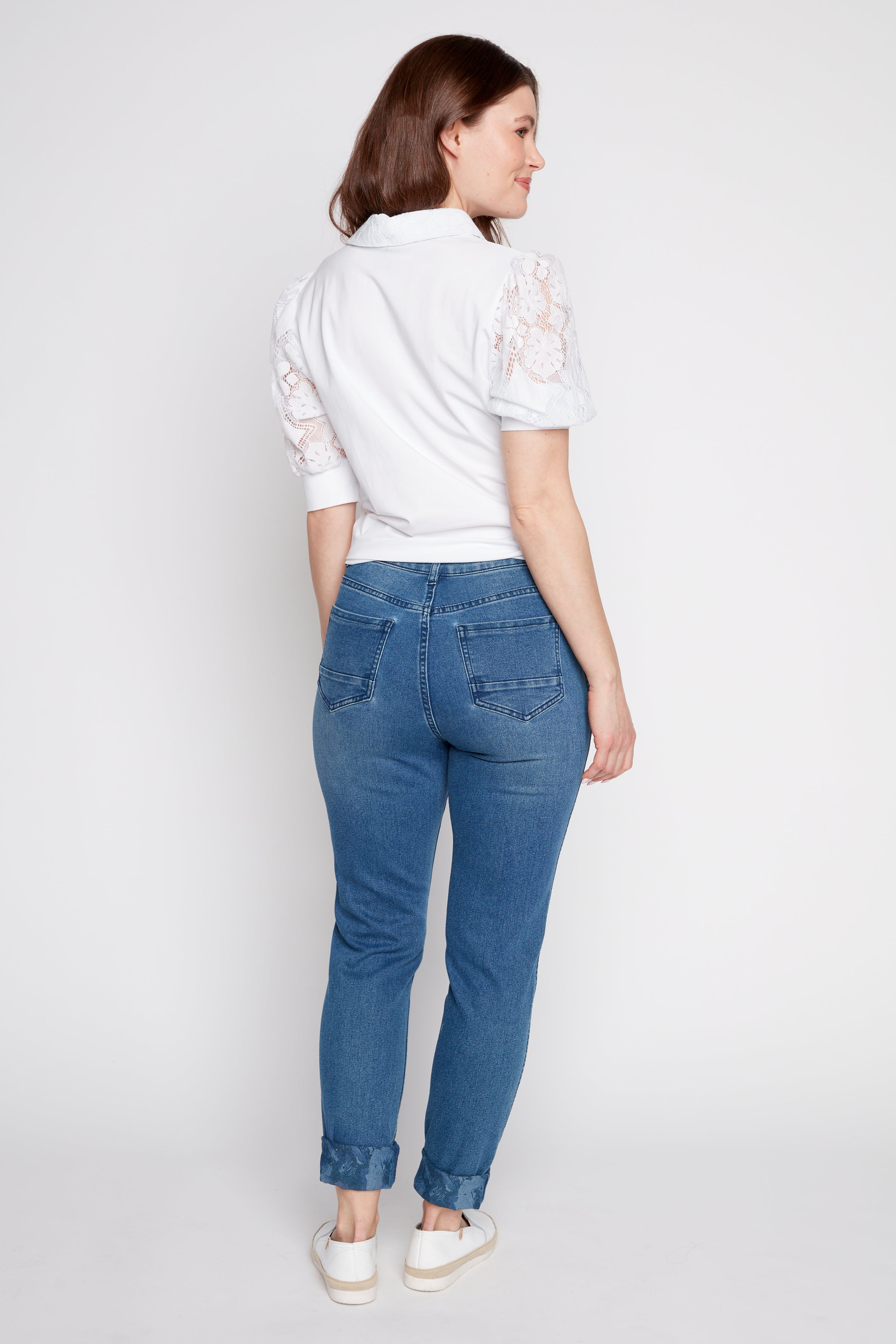 Slim leg reversible floral jean