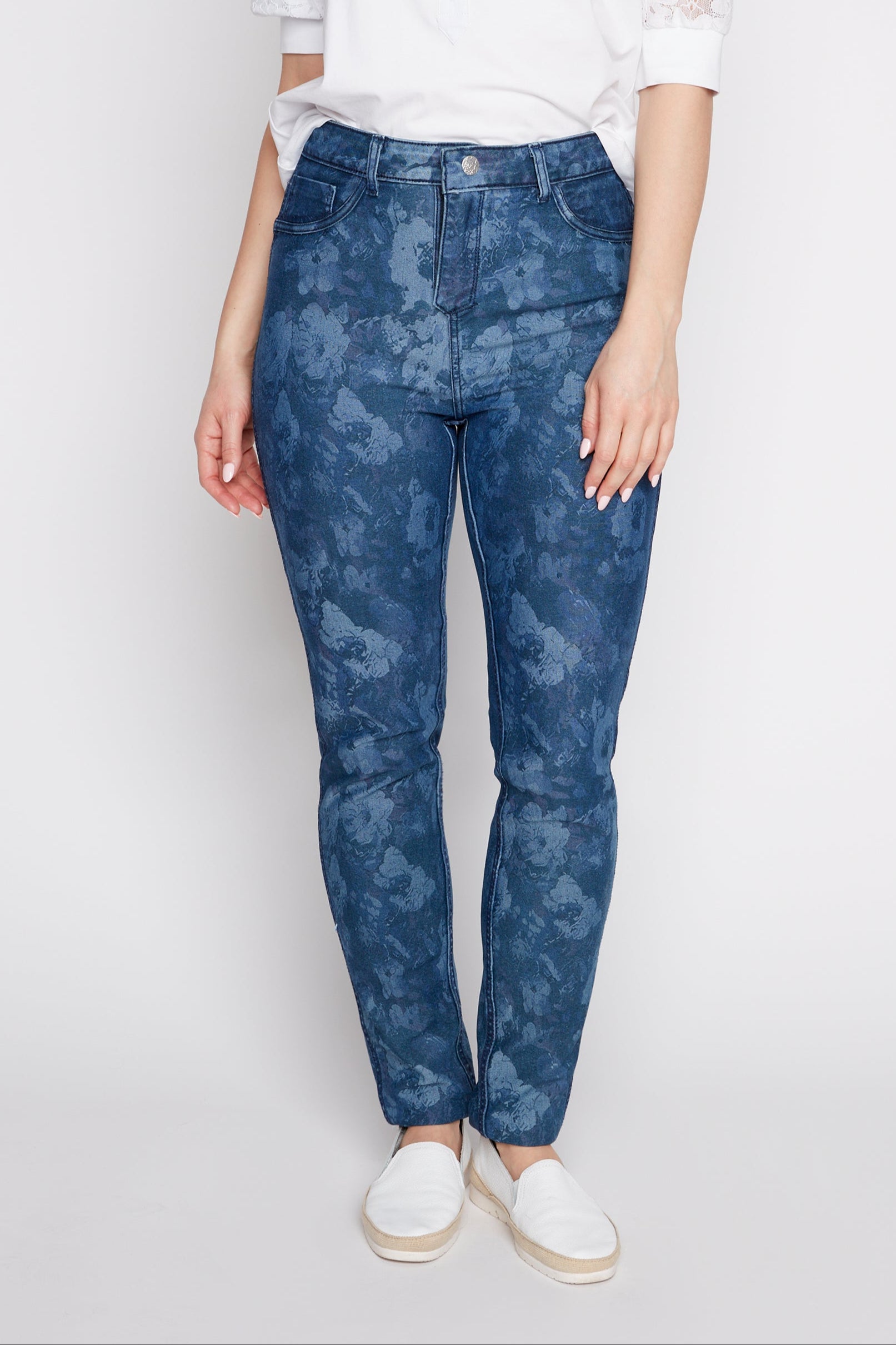 Slim leg reversible floral jean