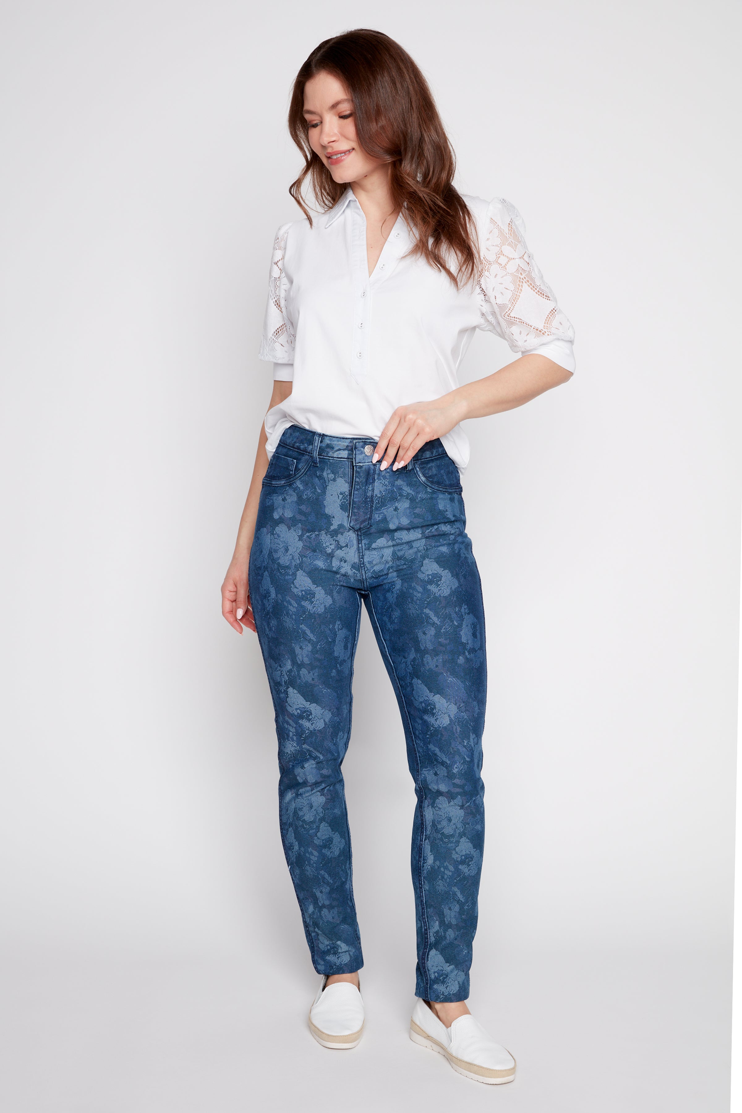 Slim leg reversible floral jean