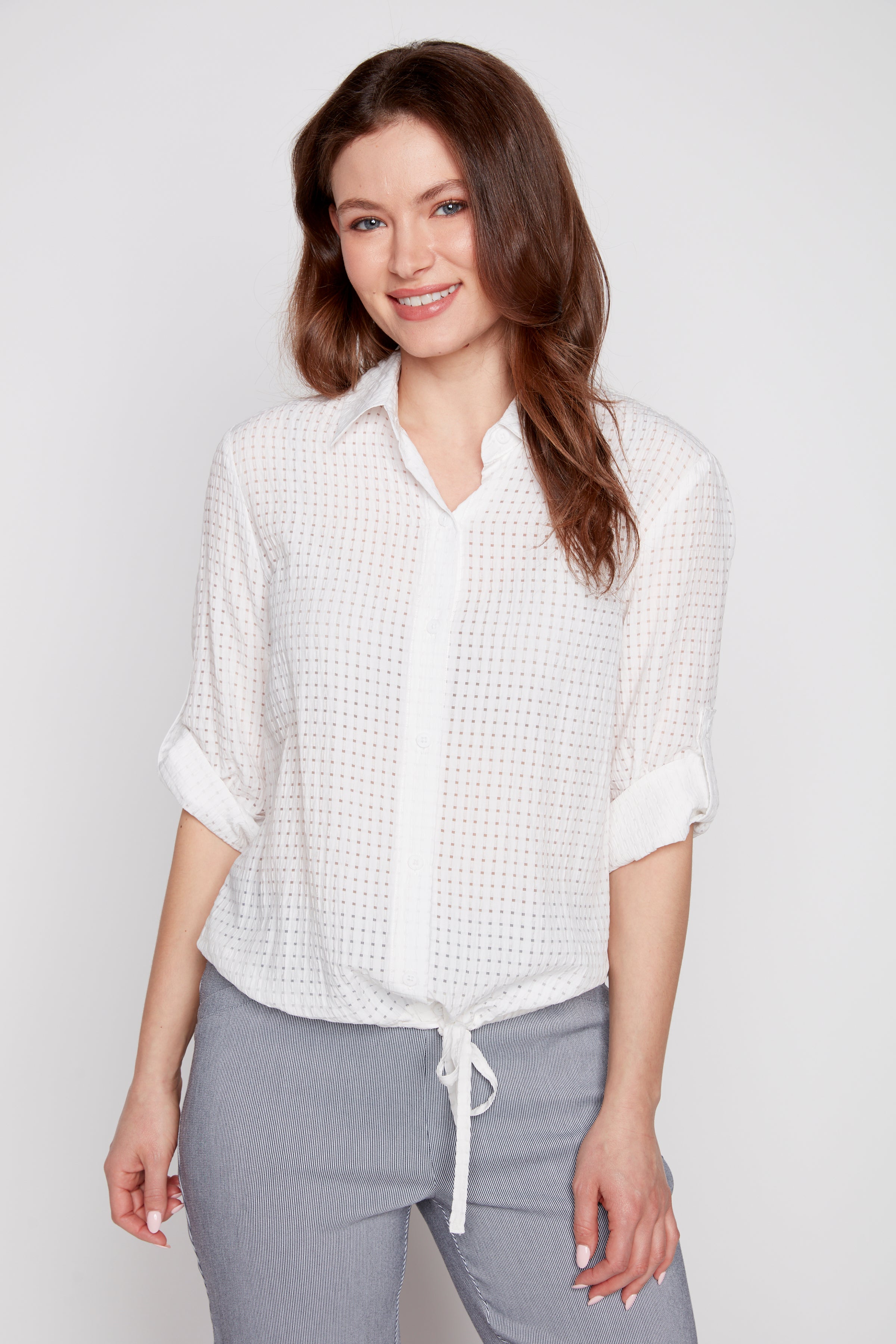 Eyelet button front blouse