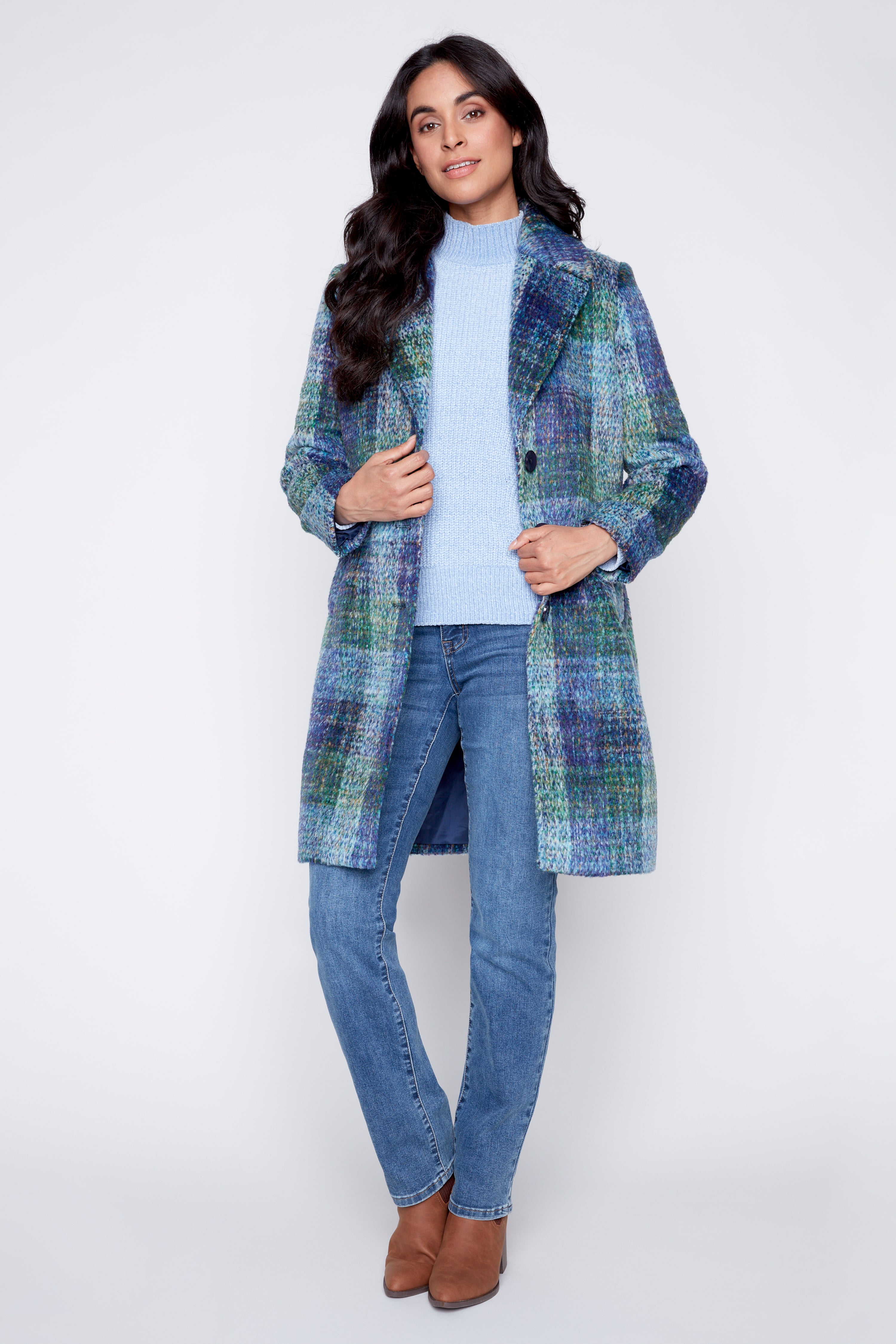 Plaid wool blend coat