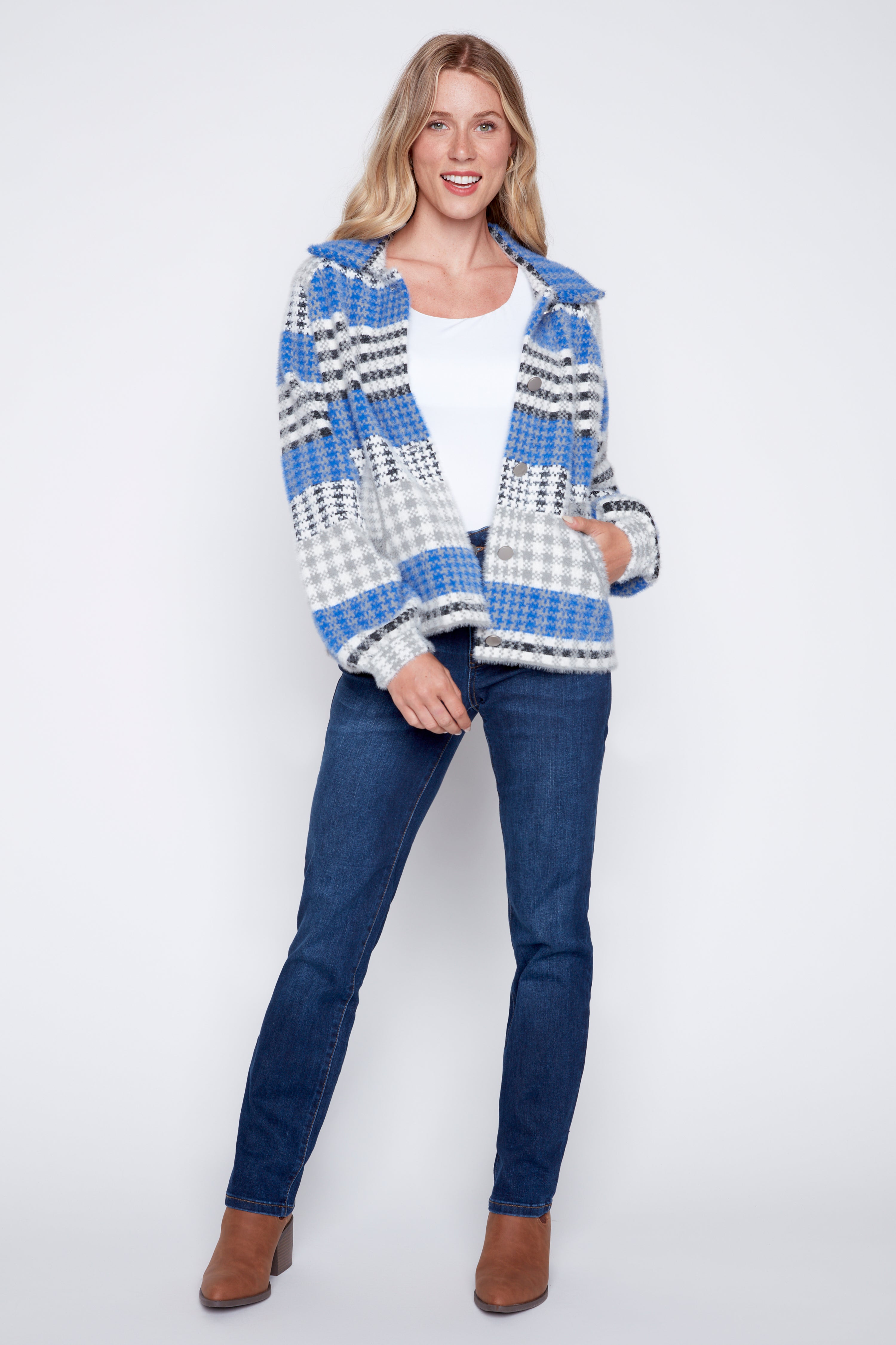 Eyelash houndstooth knit jacket