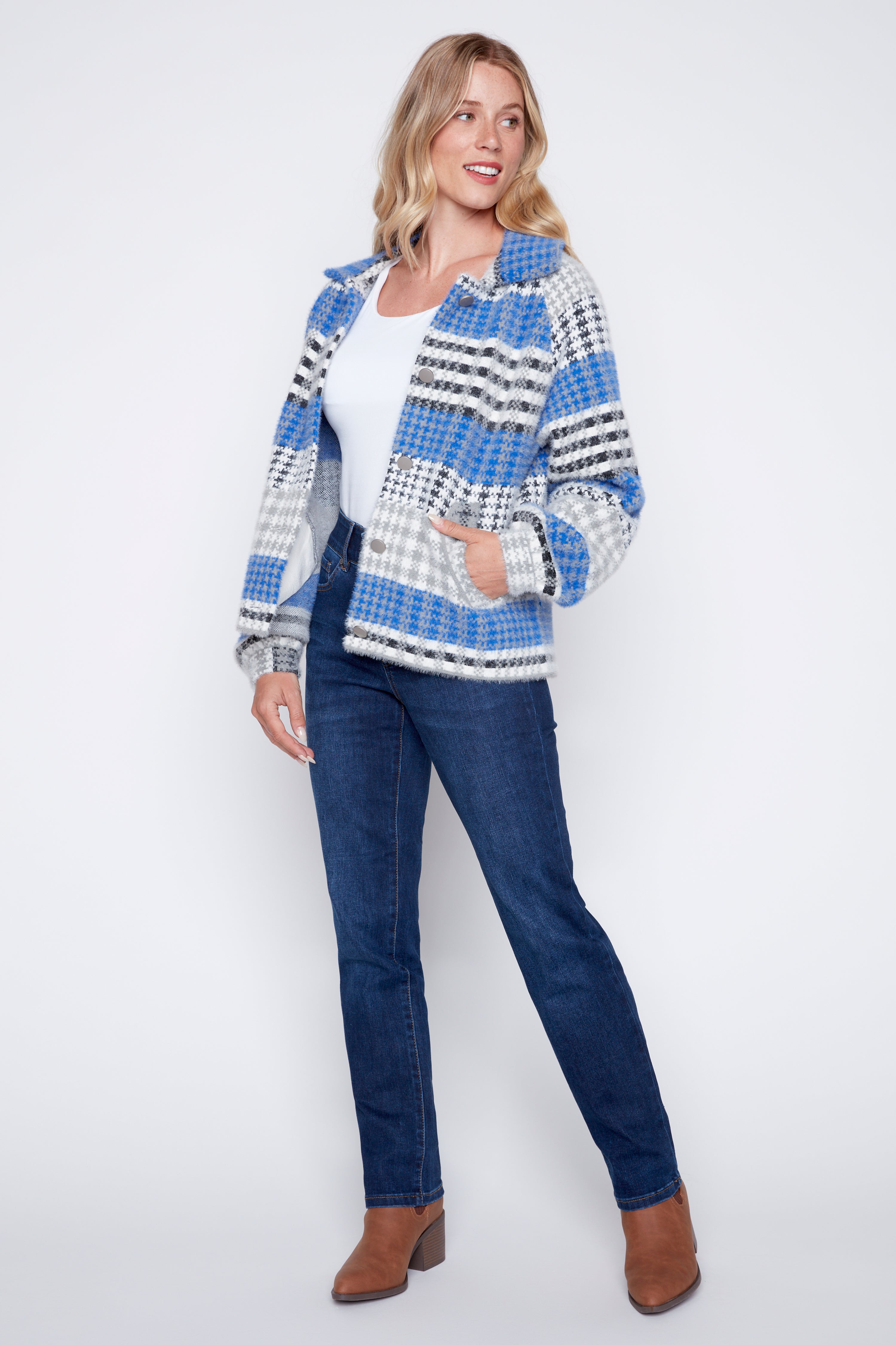 Eyelash houndstooth knit jacket