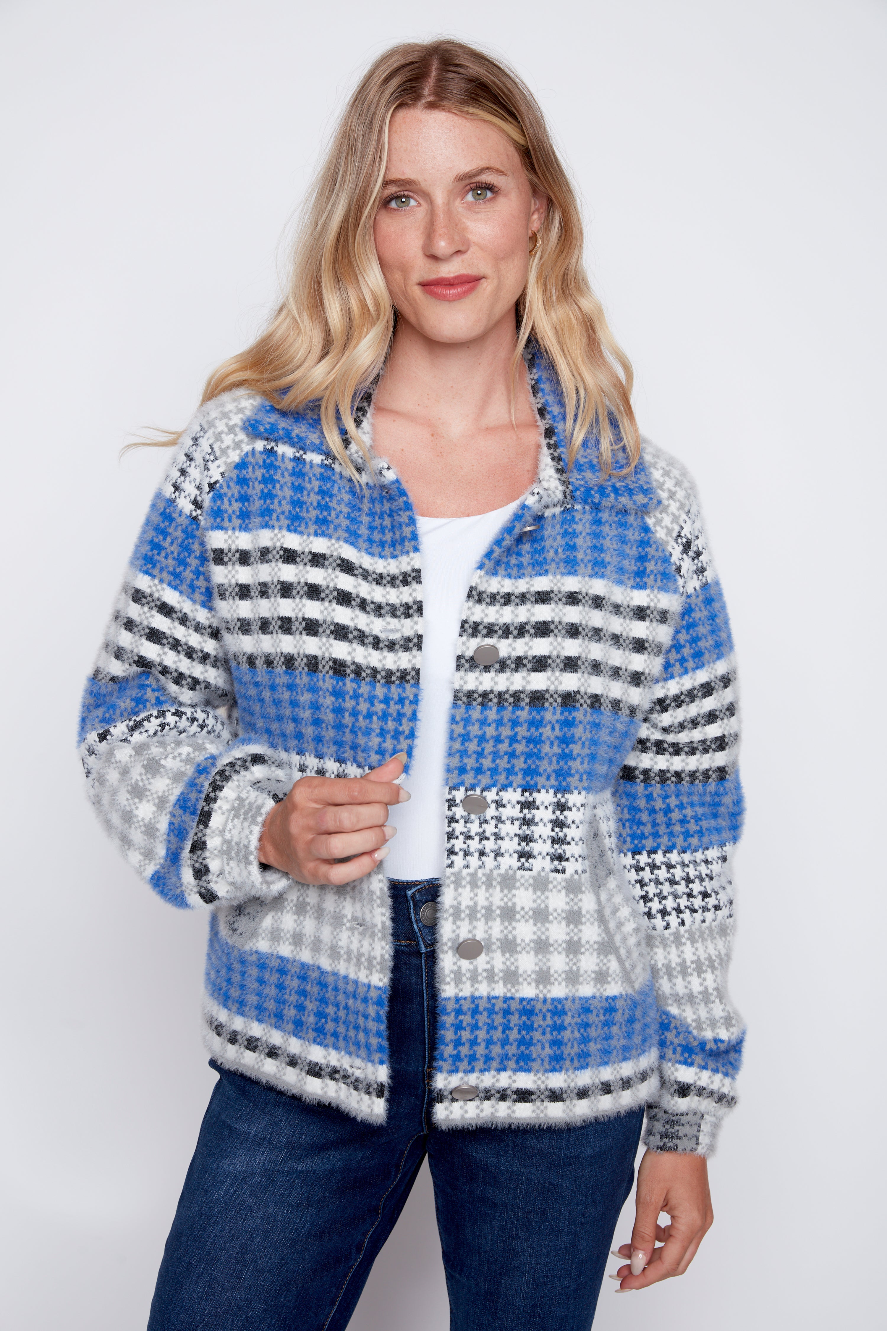 Eyelash houndstooth knit jacket
