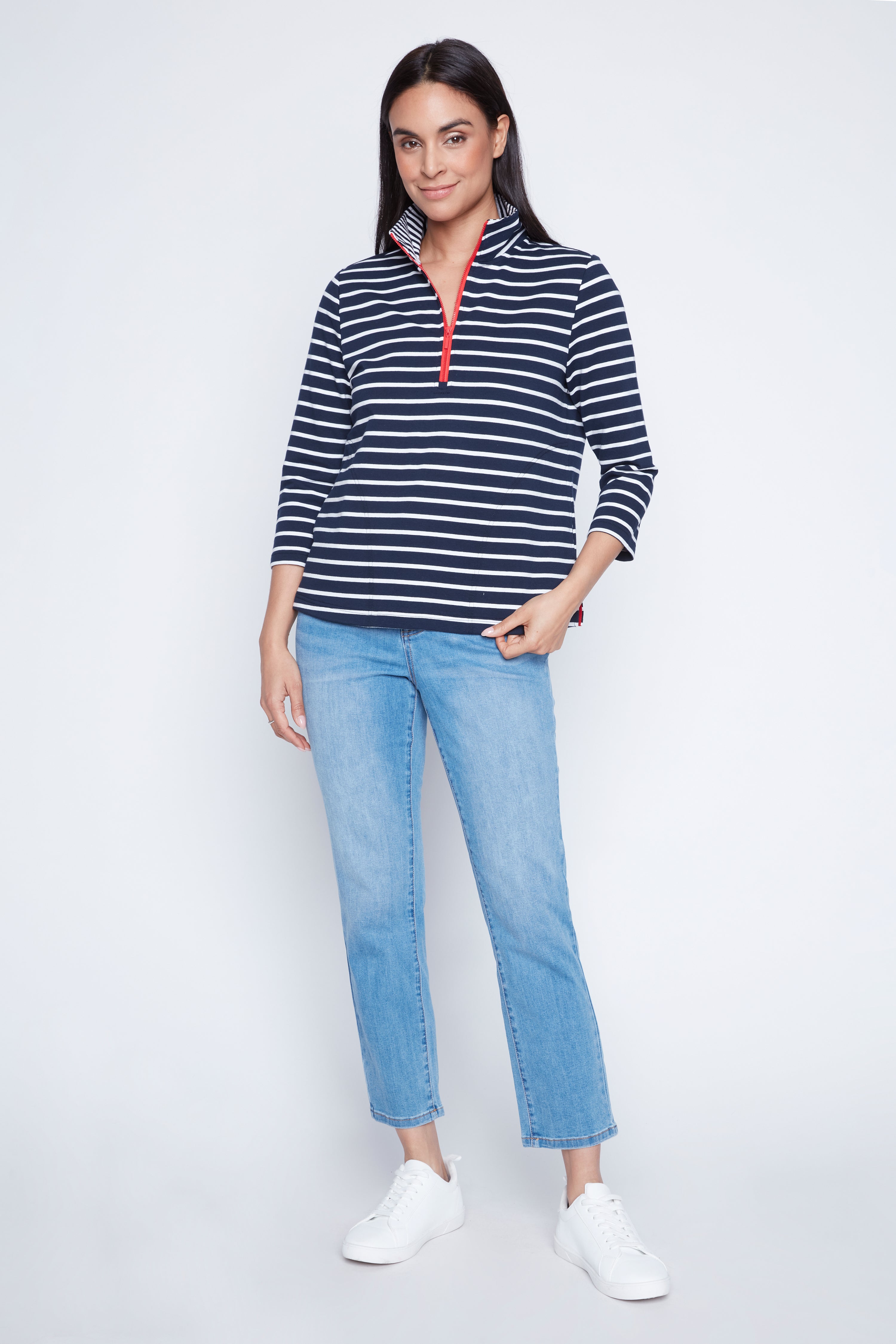 Zip mock neck striped t-shirt