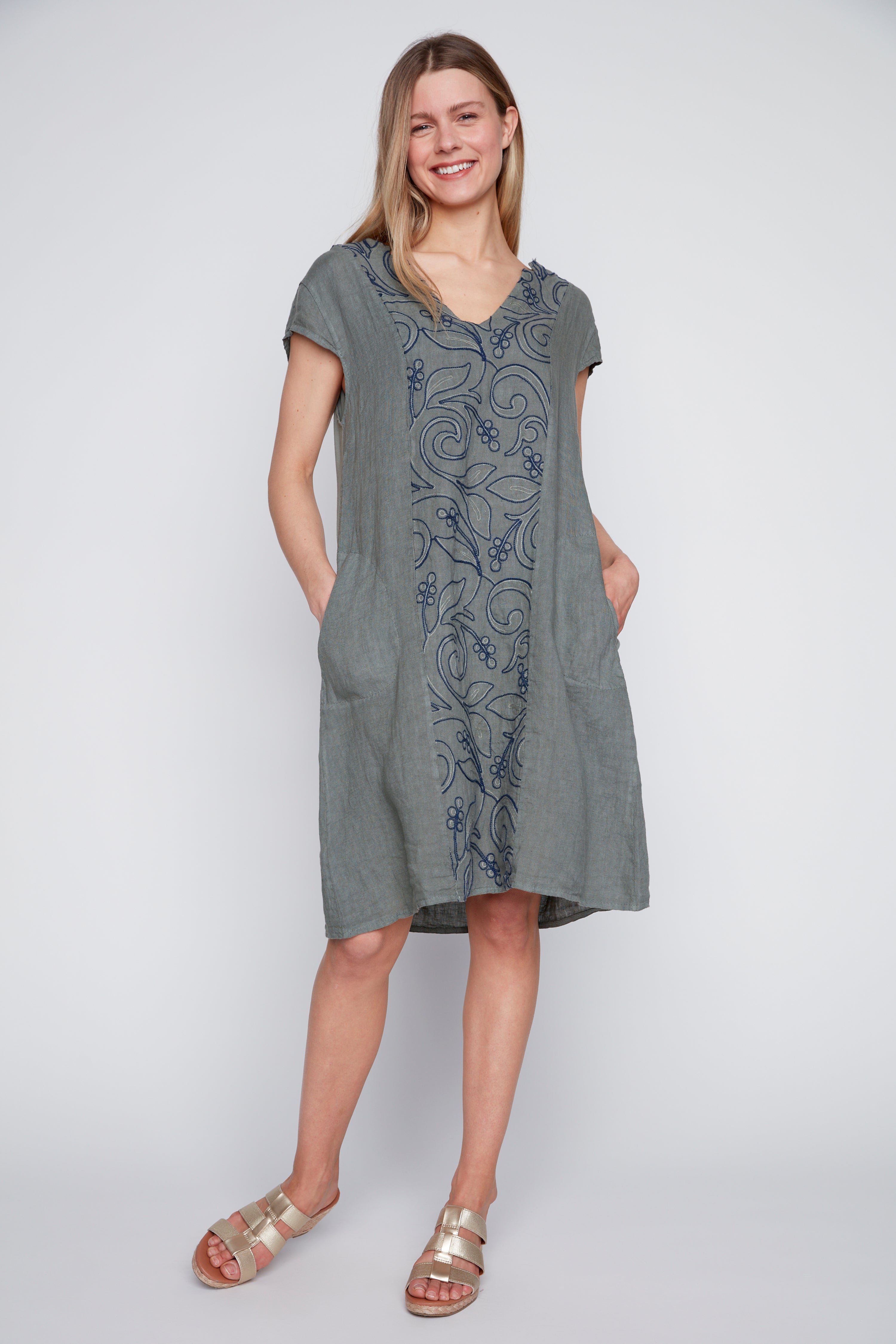 Floral embroidery linen dress