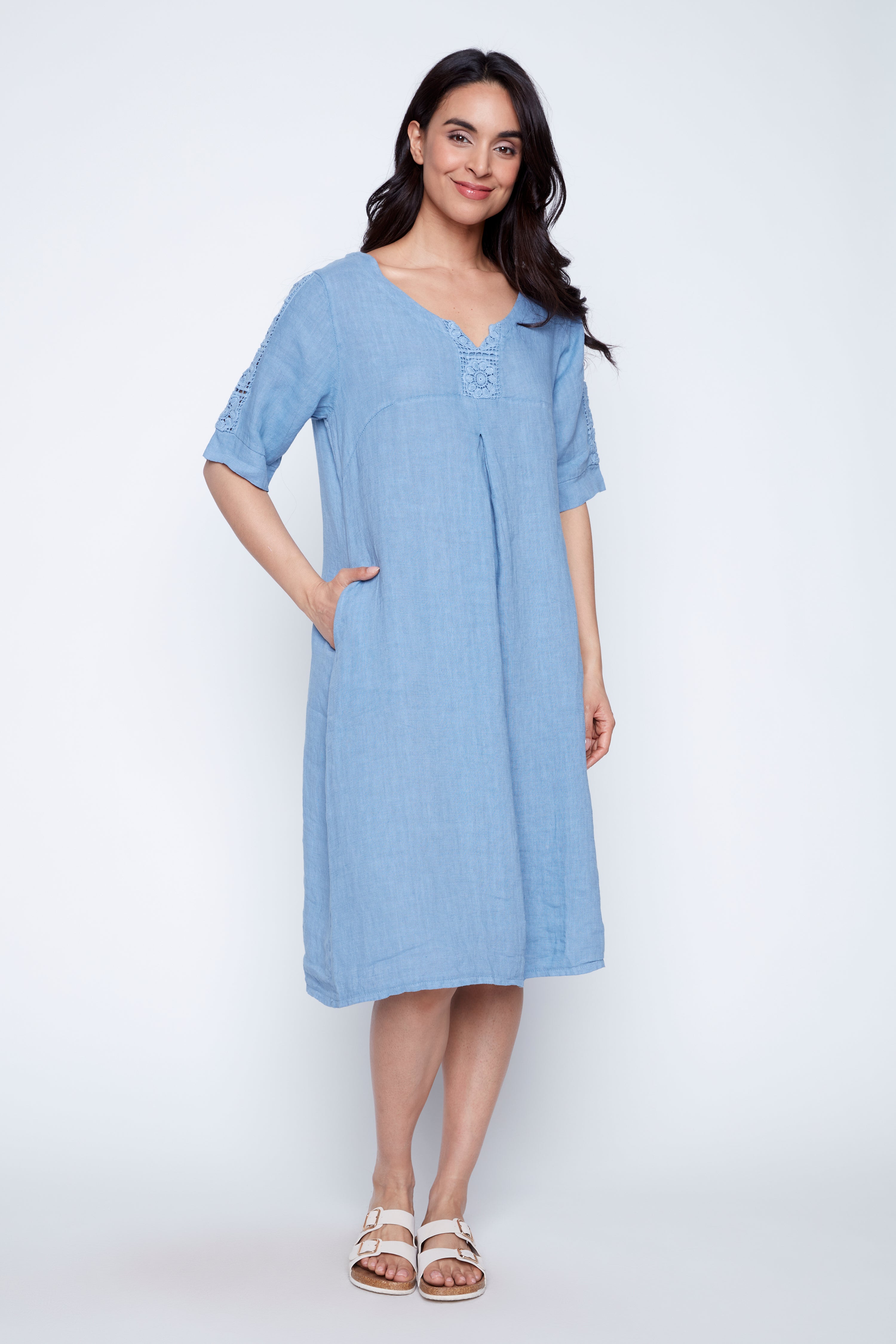 Crochet trim linen dress