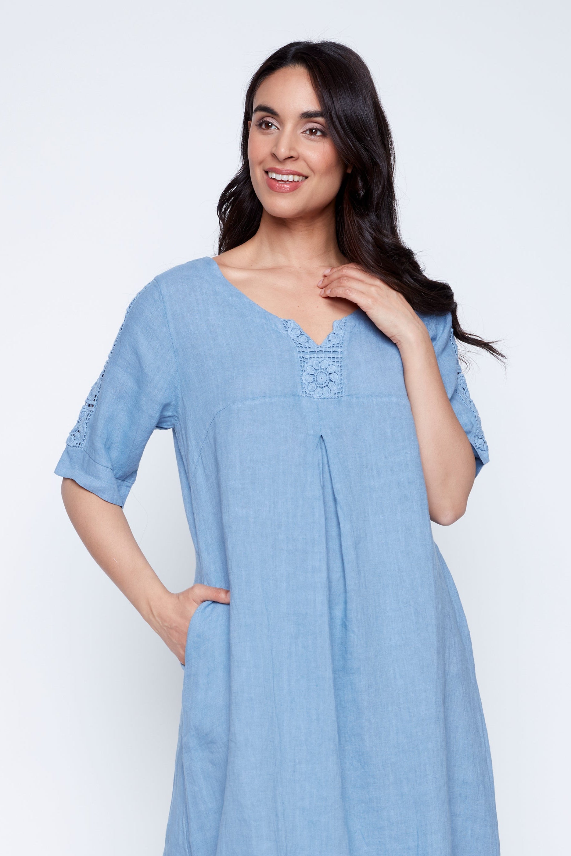 Crochet trim linen dress