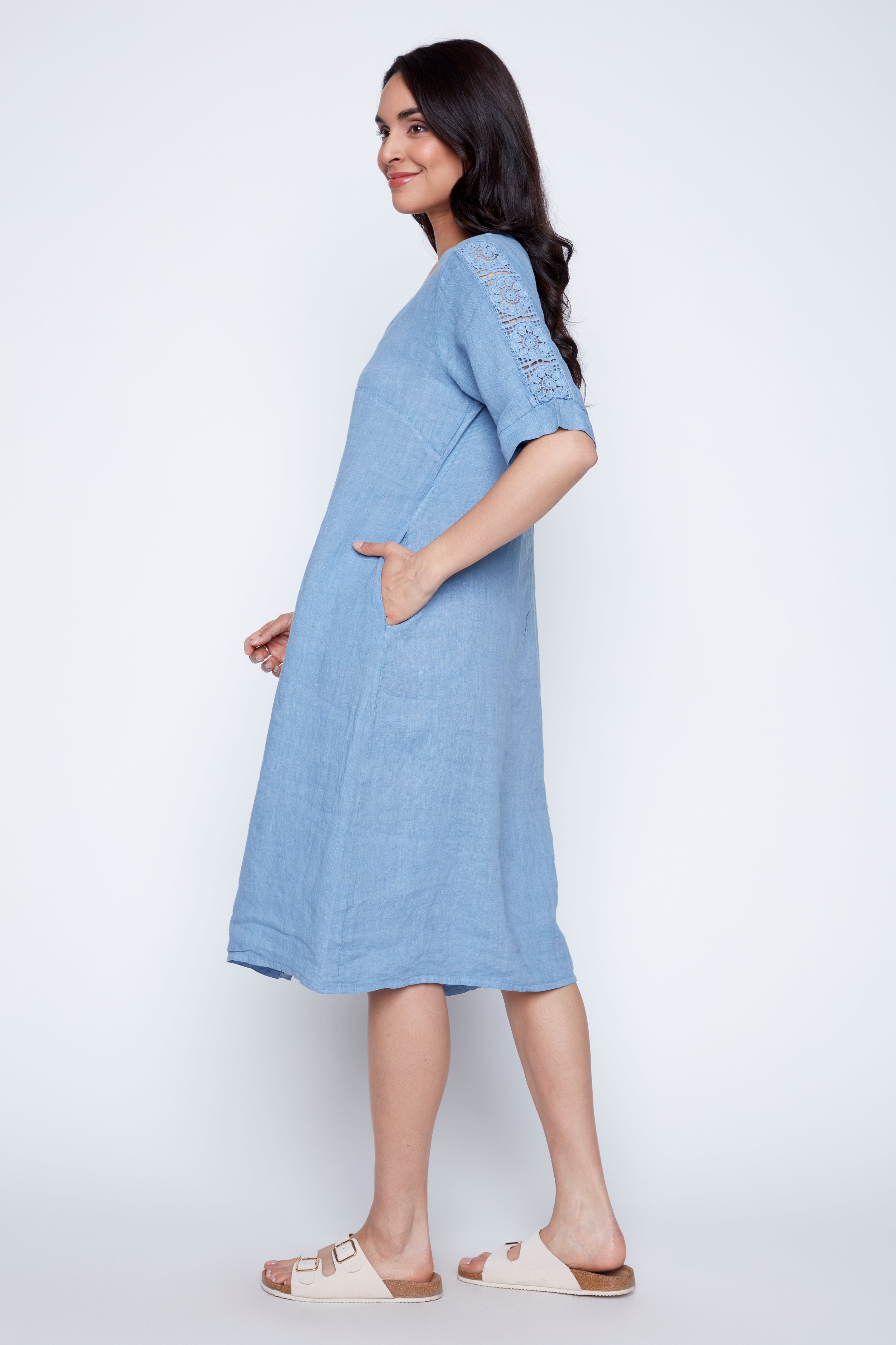 Crochet trim linen dress