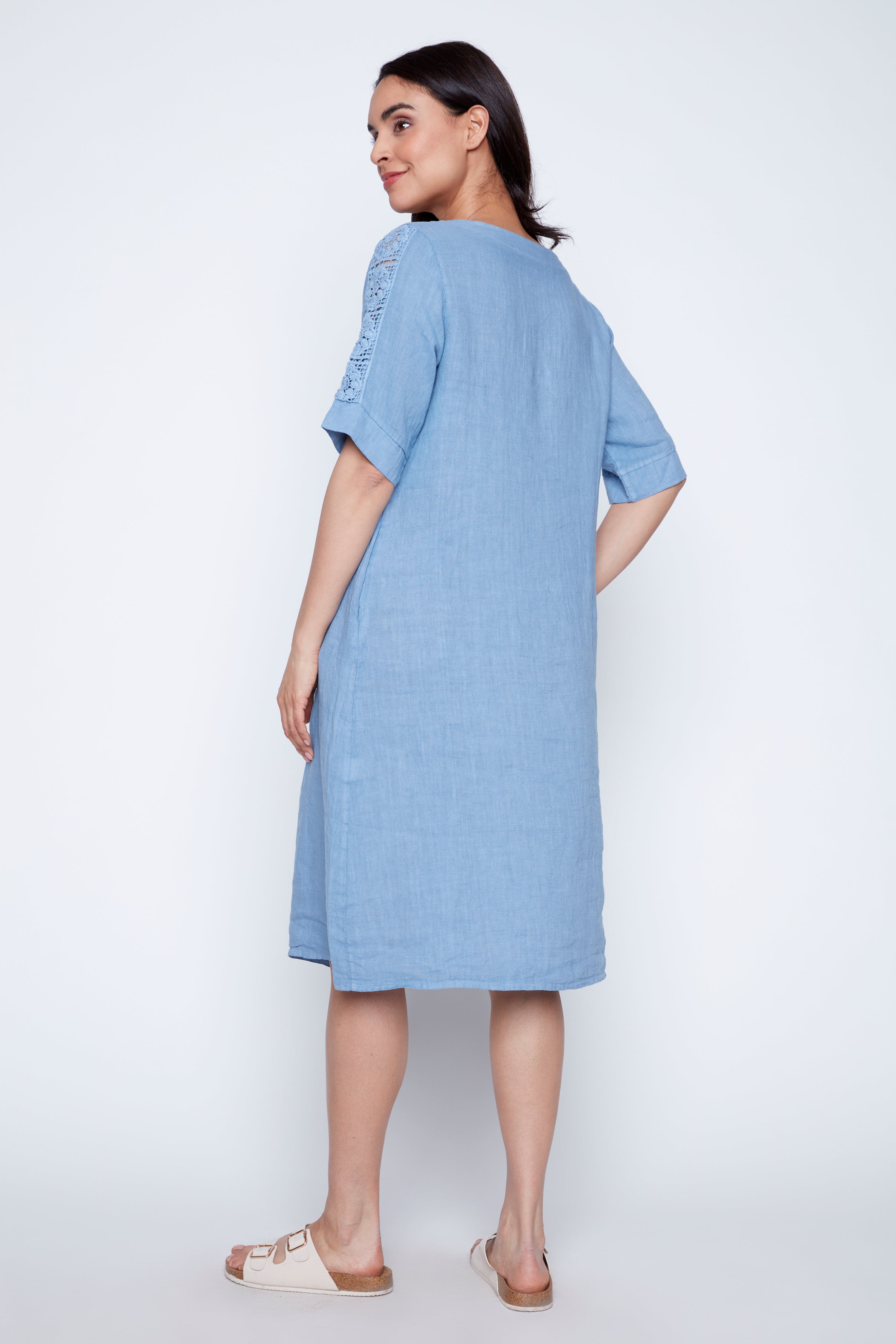 Crochet trim linen dress